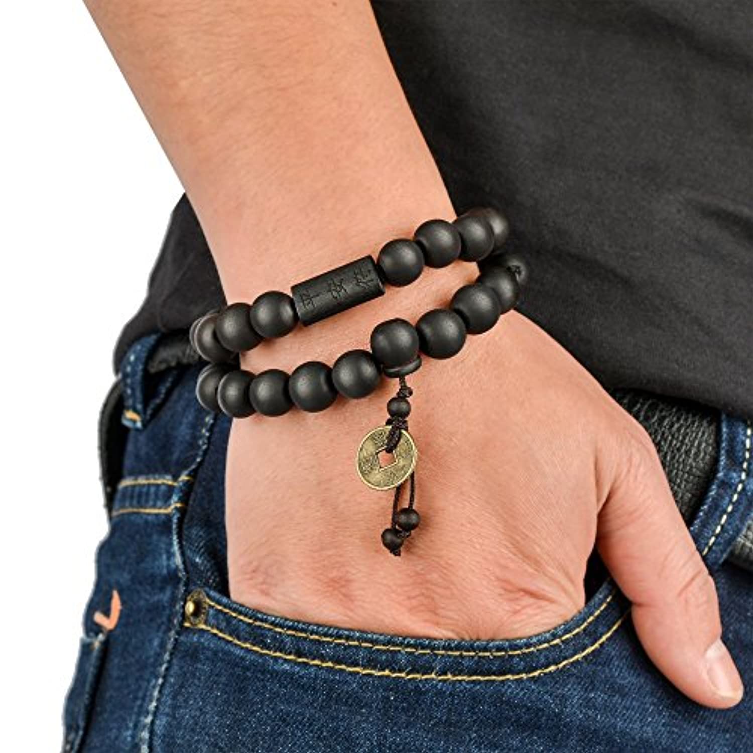 FIBO STEEL 2 pulseras de 0.433 in de madera con cuentas budistas elásticas