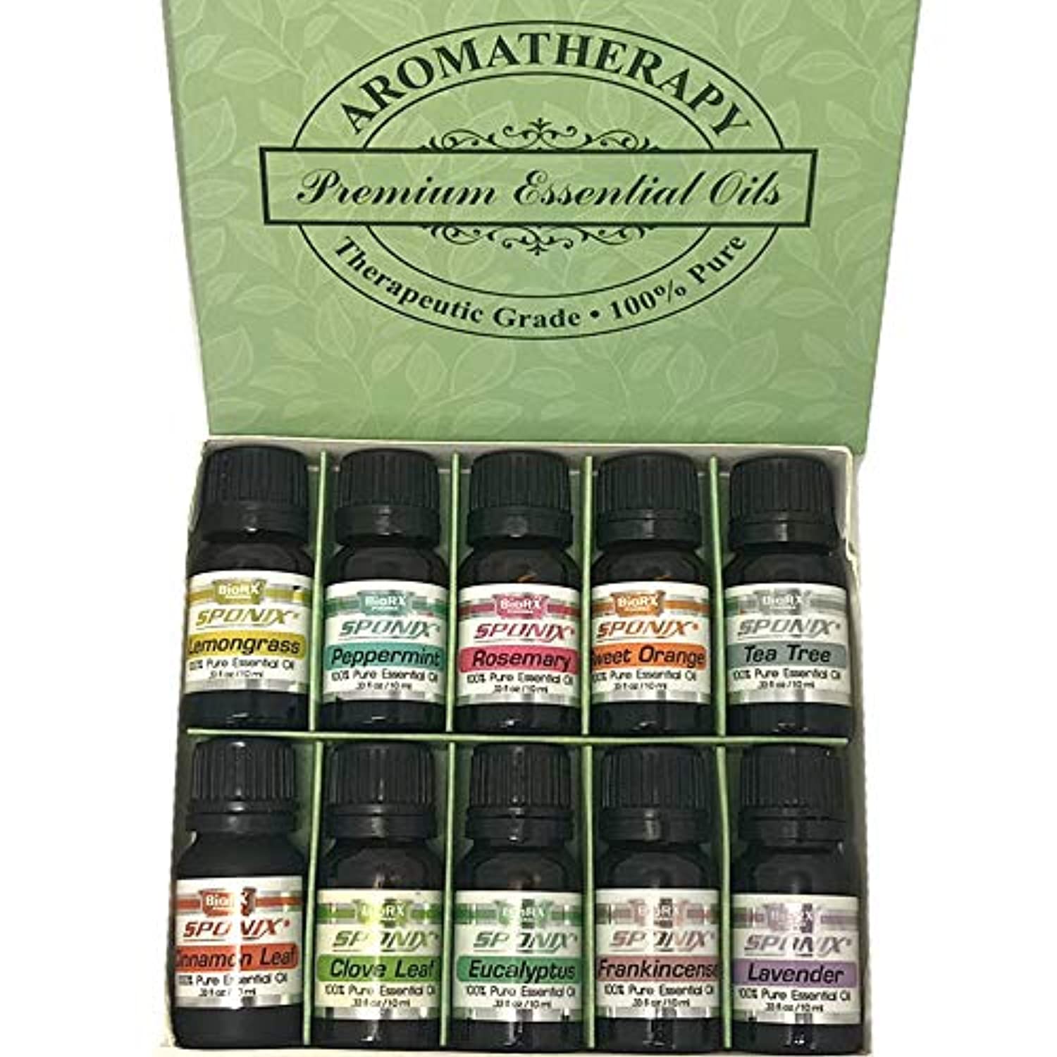 Aromaterapia sponix parte superior 10 ACEITES ESENCIALES – 100% Pure & Natural (Menta, Eucalipto, Citronela, Romero, clavo Leaf, lavanda, canela, hoja, incienso, naranja dulce, té Árbol)
