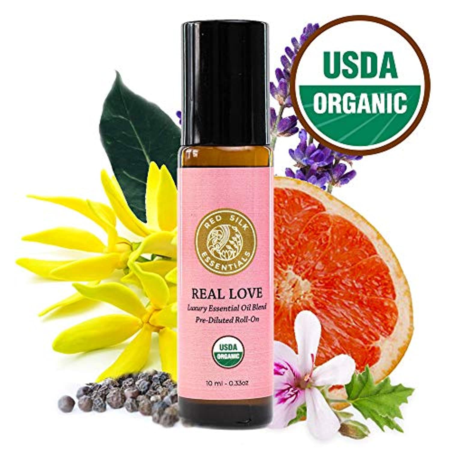 Red Silk Essentials USDA Organic Essential Oils Roll on Gift Set, Pure Natural Aromatherapy – Real Love, Citrus Glow & Frankincense – 0.3 fl oz