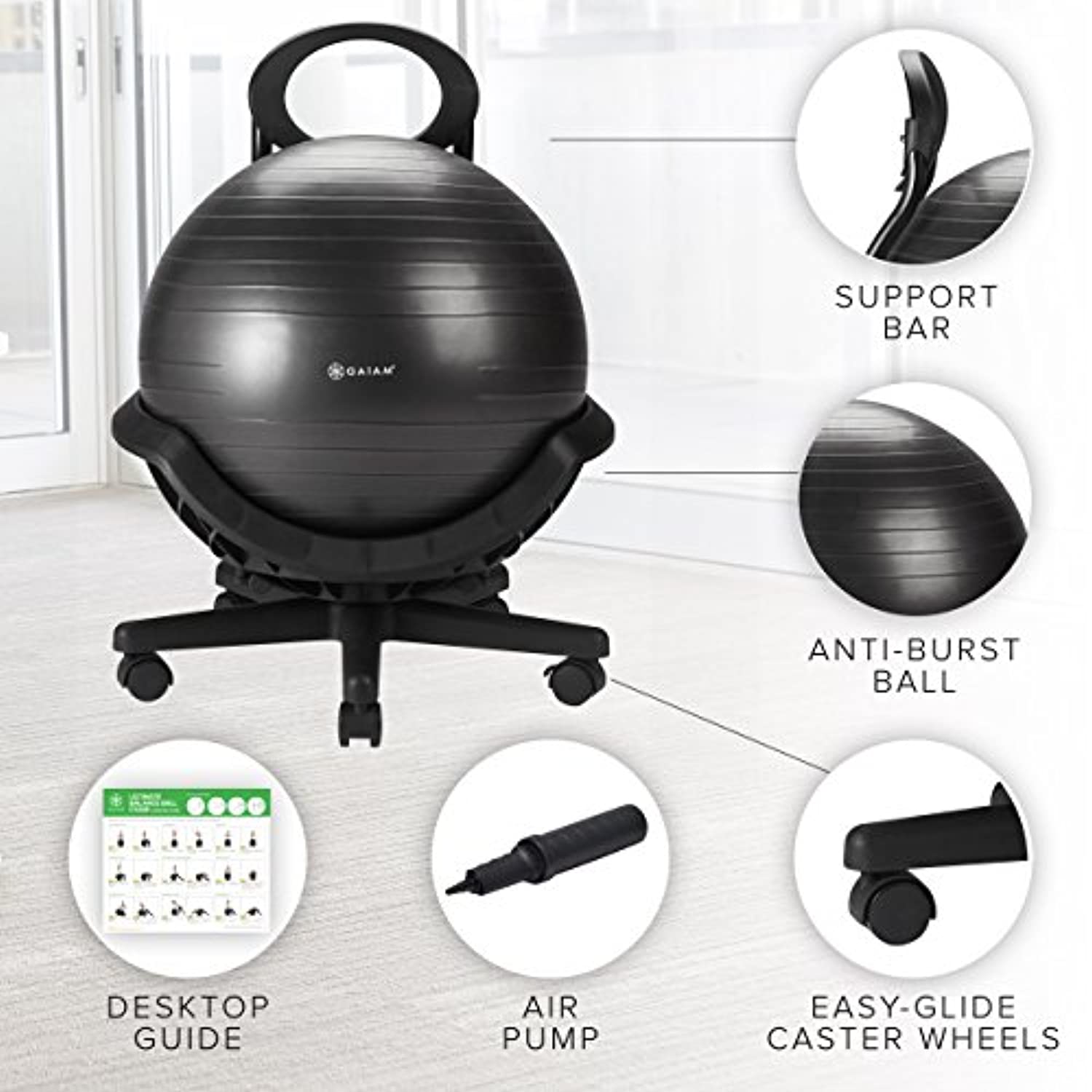 Gaiam Ultimate Balance Ball Chair – Premium ejercicio estabilidad Yoga Ball silla ergonómica para el hogar y el escritorio de oficina – 20.5 in bola anti-ráfaga, bomba de aire, guía de ejercicios