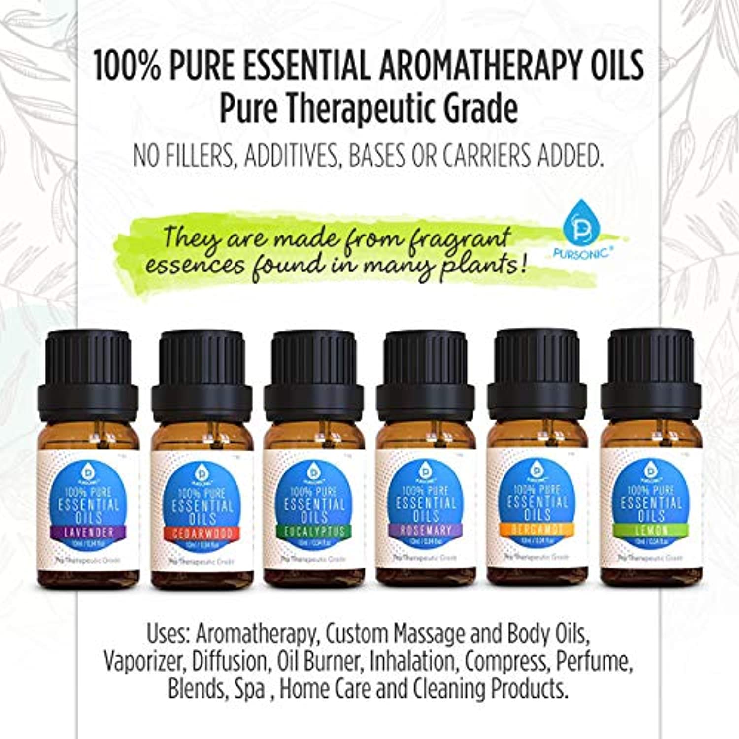 Pursonic 100% Pure Essential Aromatherapy Oils Gift Set-6 Pack , 10ML(Bergamot, Cedarwood, Eucalyptus, Lavender, Lemon, Rosemary.)