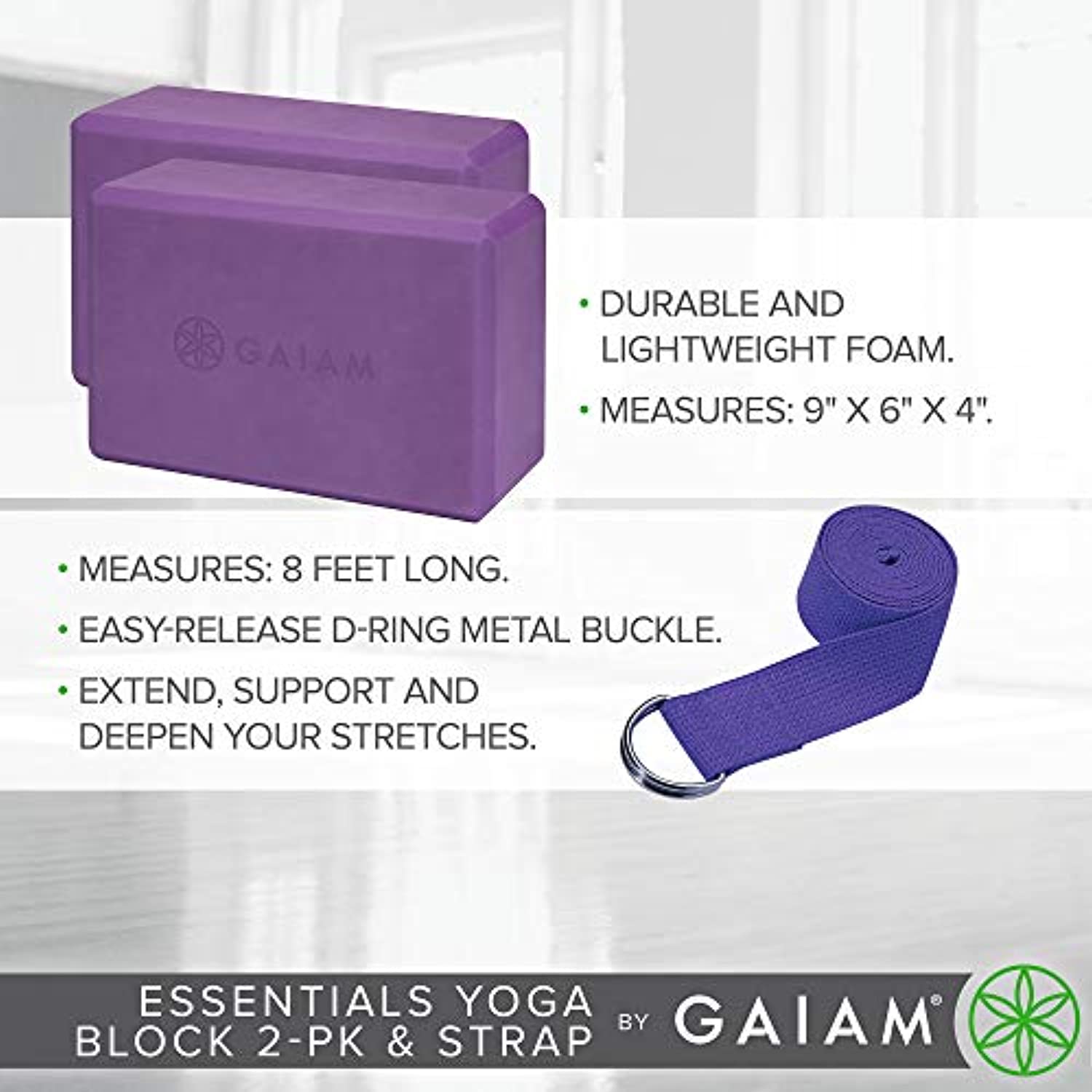 Gaiam Essentials - Juego de 2 bloques de yoga y correa de yoga