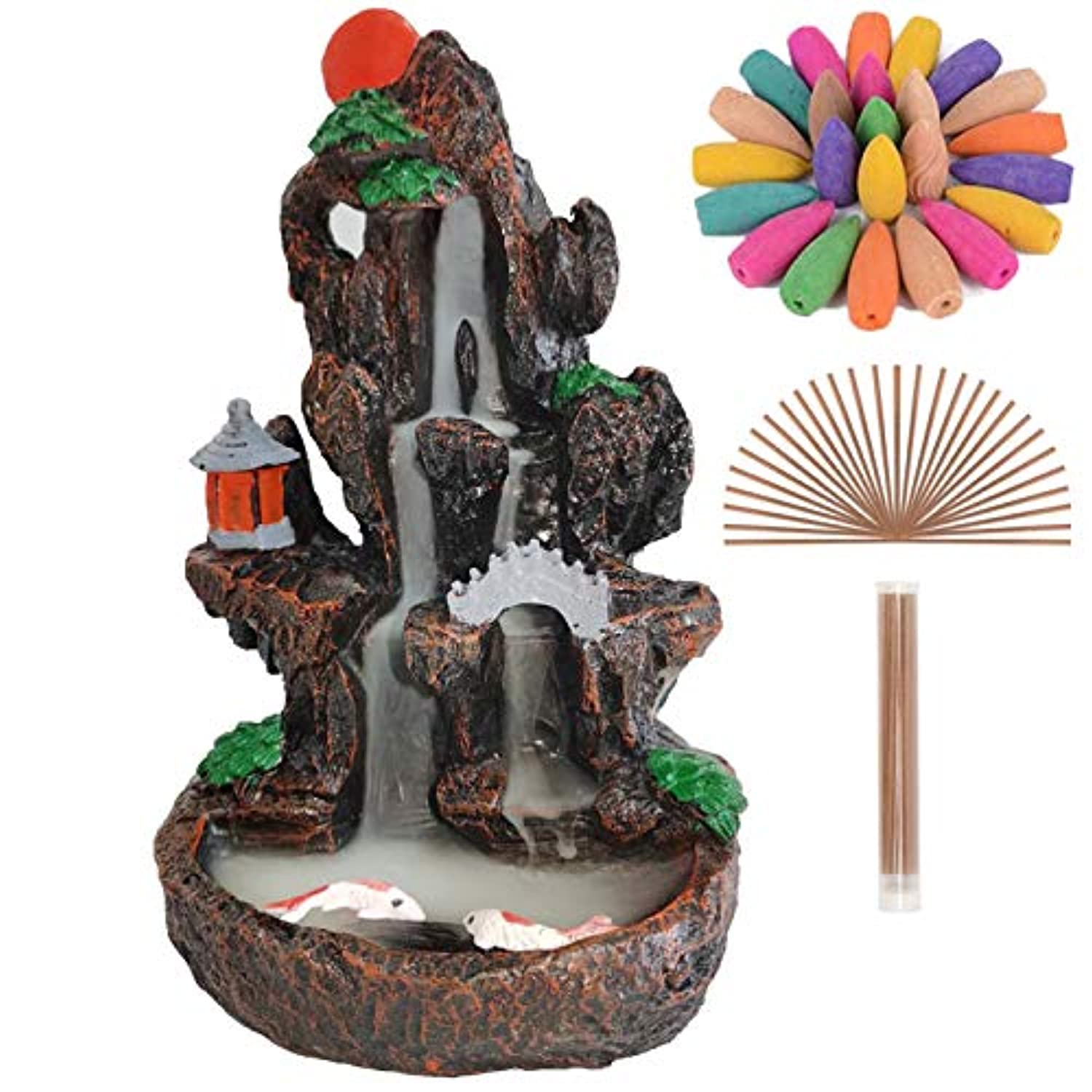 Quemador de cascada de incienso, de resina, cascada, reflujo, torre de montaña, quemador de rocalla, arroyo, aromaterapia, meditación, decoración con 120 conos de incienso y 30 varillas de incienso