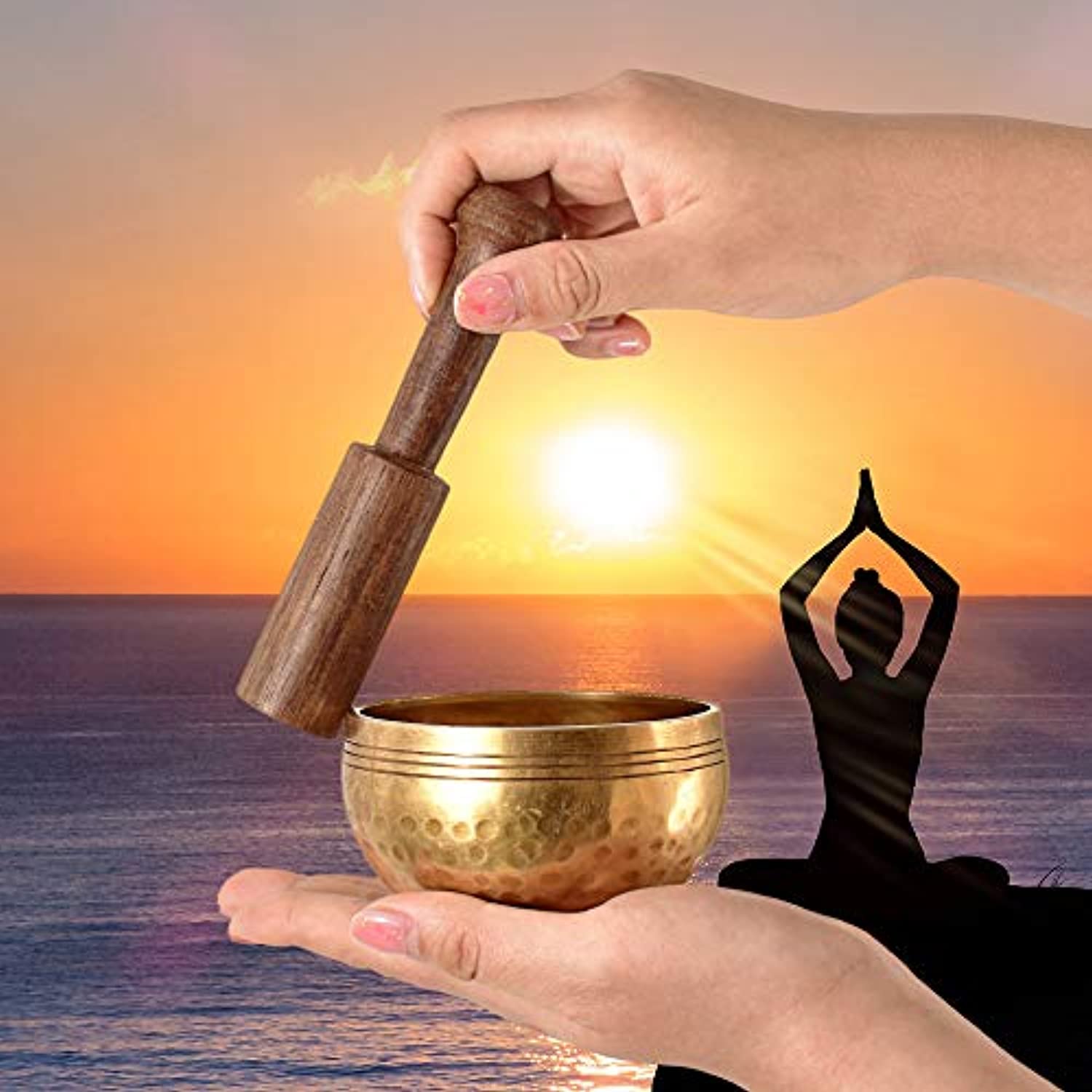 HOKPA - Juego de cuencos tibetanos para meditación, hechos a mano para sala de yoga, sala de estar con bolsa de seda dorada