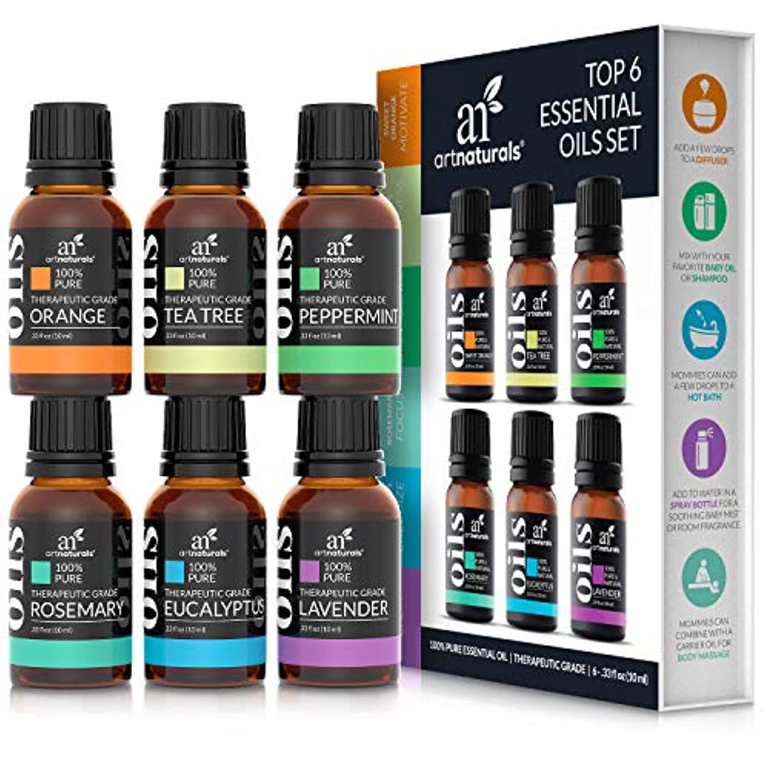 ArtNaturals, 6 aceites esenciales de aromaterapia, 100% puro de la mejor calidad, menta, árbol de té, romero, lavanda, eucalipto e incienso, grado terapéutico