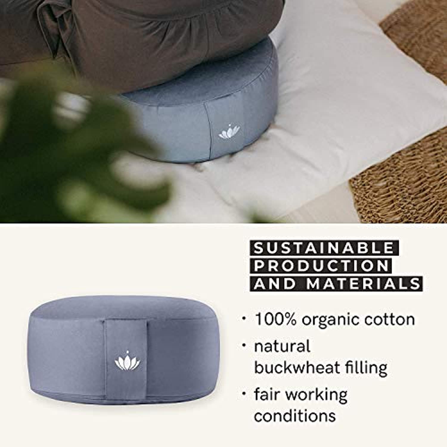 Lotuscrafts - Cojín de meditación redondo de loto – meditación cómoda y profunda – Altura 5.9 in – Funda lavable de algodón orgánico – Almohada de meditación