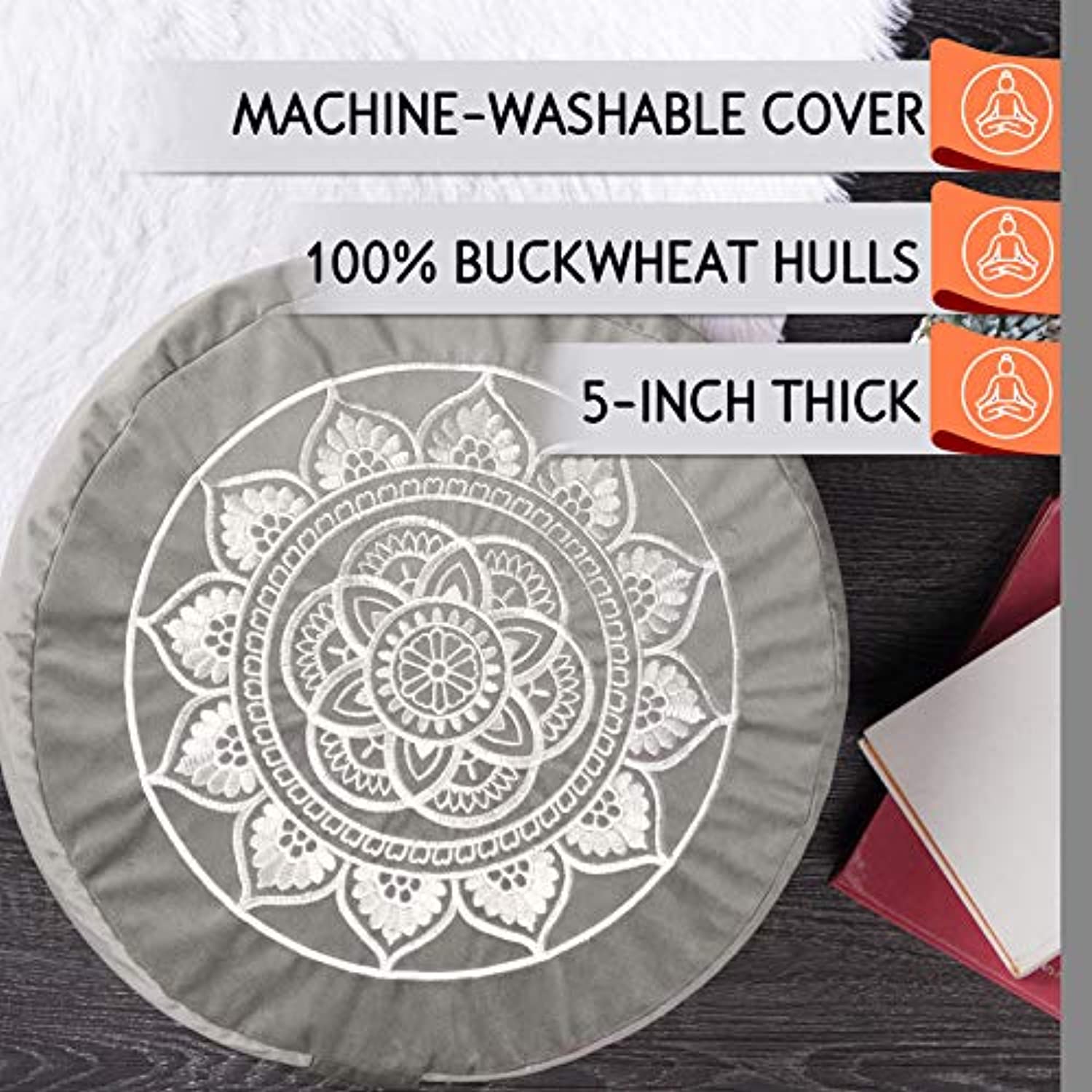 Florensi Meditation Cushion & Zabuton Meditation Mat Bundle- Premium Velvet Meditation Pillow for Women and Men,Washable Cover,Perfect Pair of Buckwheat Meditation Cushion & 100% Cotton Meditation Mat