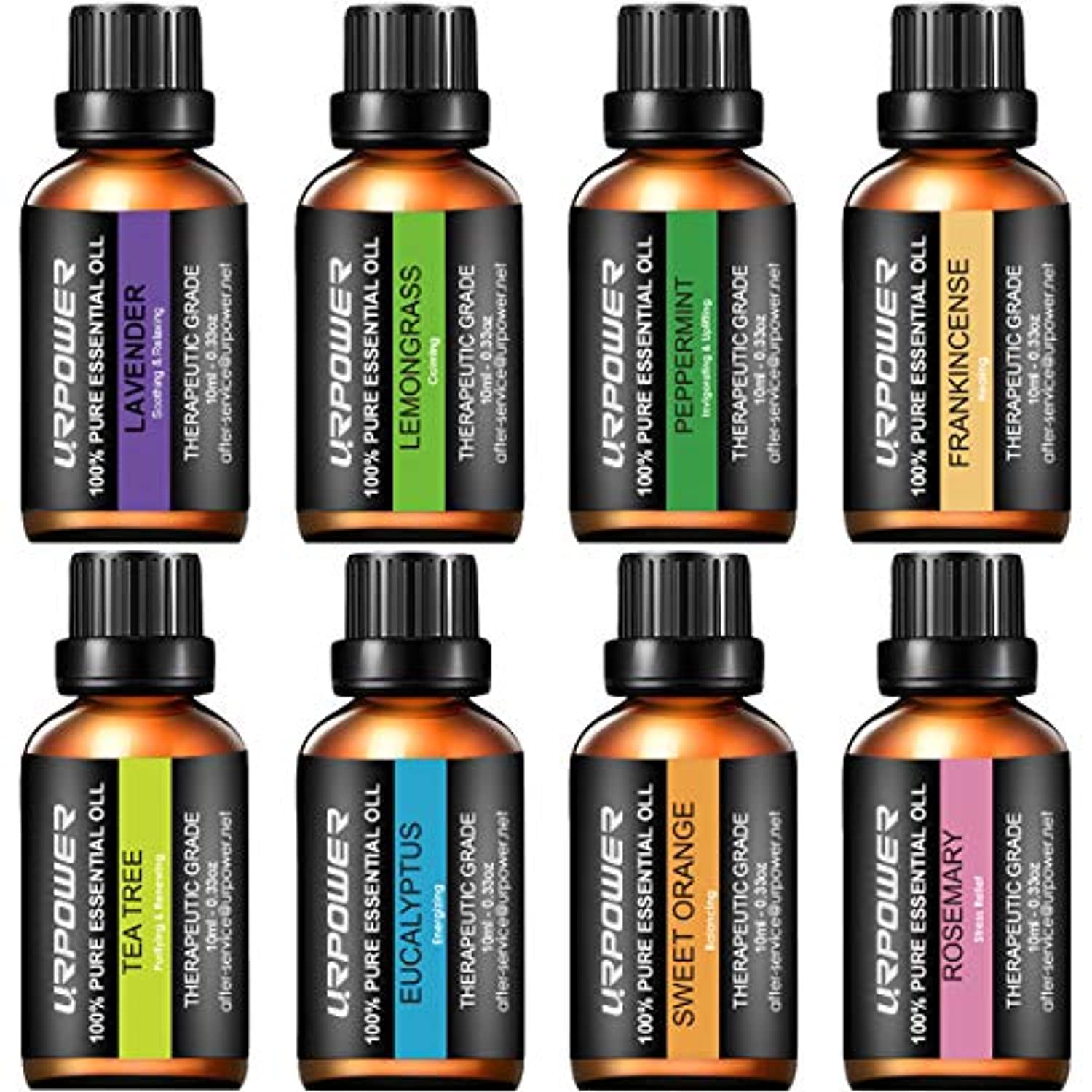 URPOWER Aceites esenciales de aromaterapia superior 8 aceites esenciales 100% puro grado terapéutico aceites esenciales Set lavanda/menta/árbol de té/naranja/eucalipto/limongrass/incienso/romero