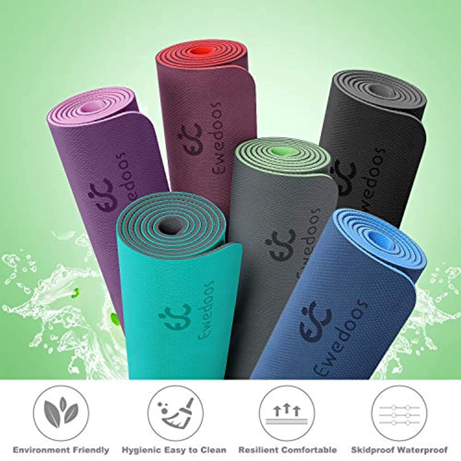 Ewedoos Esterilla de yoga antideslizante TPE Yoga Mat estera de ejercicio ecológico para yoga, pilates y ejercicio de piso, estera gruesa de fitness con correa de transporte incluida