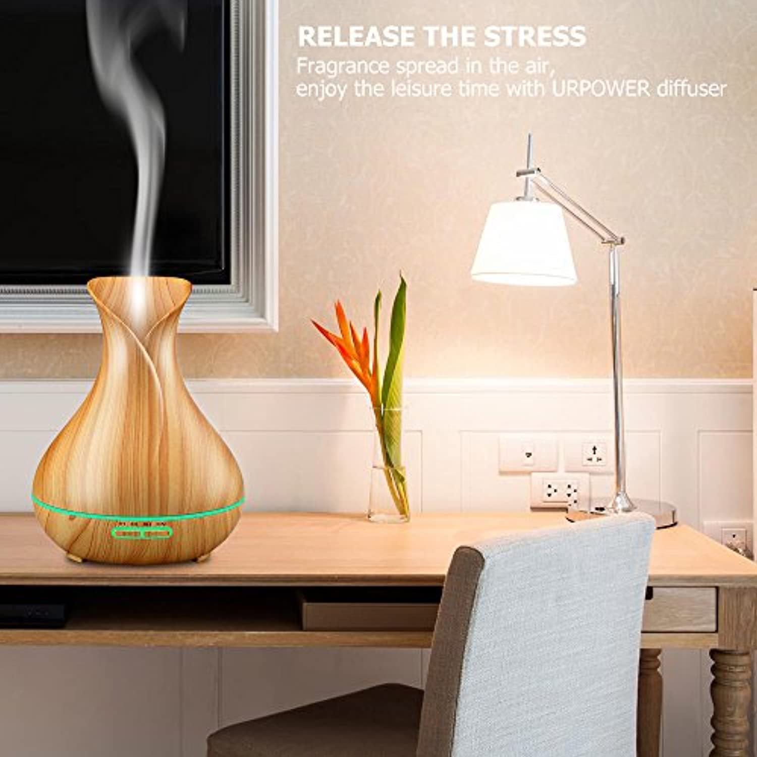 Difusor de aceites esenciales URPOWER, humidificadores de neblina fresca con aroma a madera y granos de 400 ml, difusores ultrasónicos de aromaterapia con ajustes para temporizador y salida de neblina alta o baja para el hogar, recámara, cuarto de bebé, e