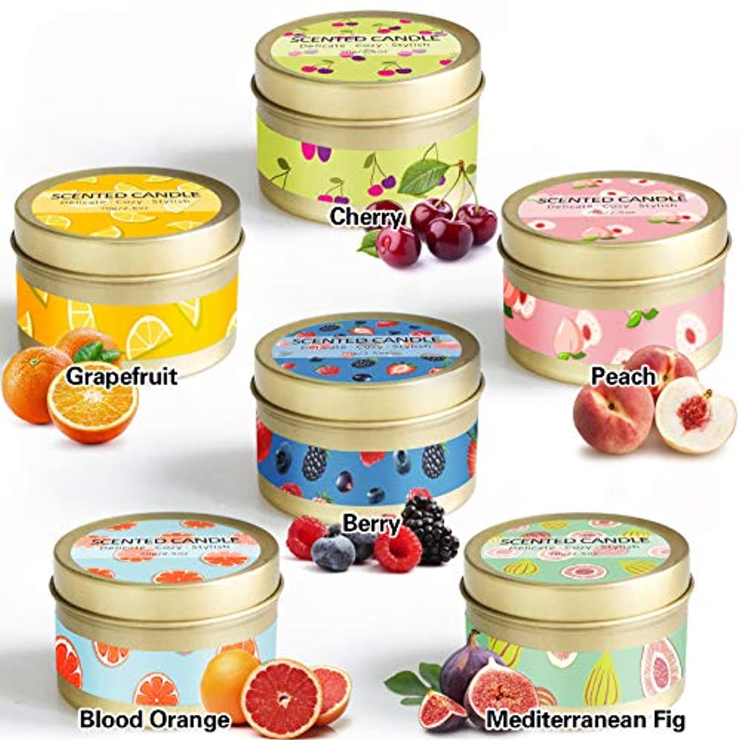 DERDUFT Velas perfumadas, juego de regalo de cera de soja, velas de aromaterapia para el día de la madre, 6 x 2.5 oz, baya, melocotón, cereza, pomelo, naranja de sangre, higo mediterráneo
