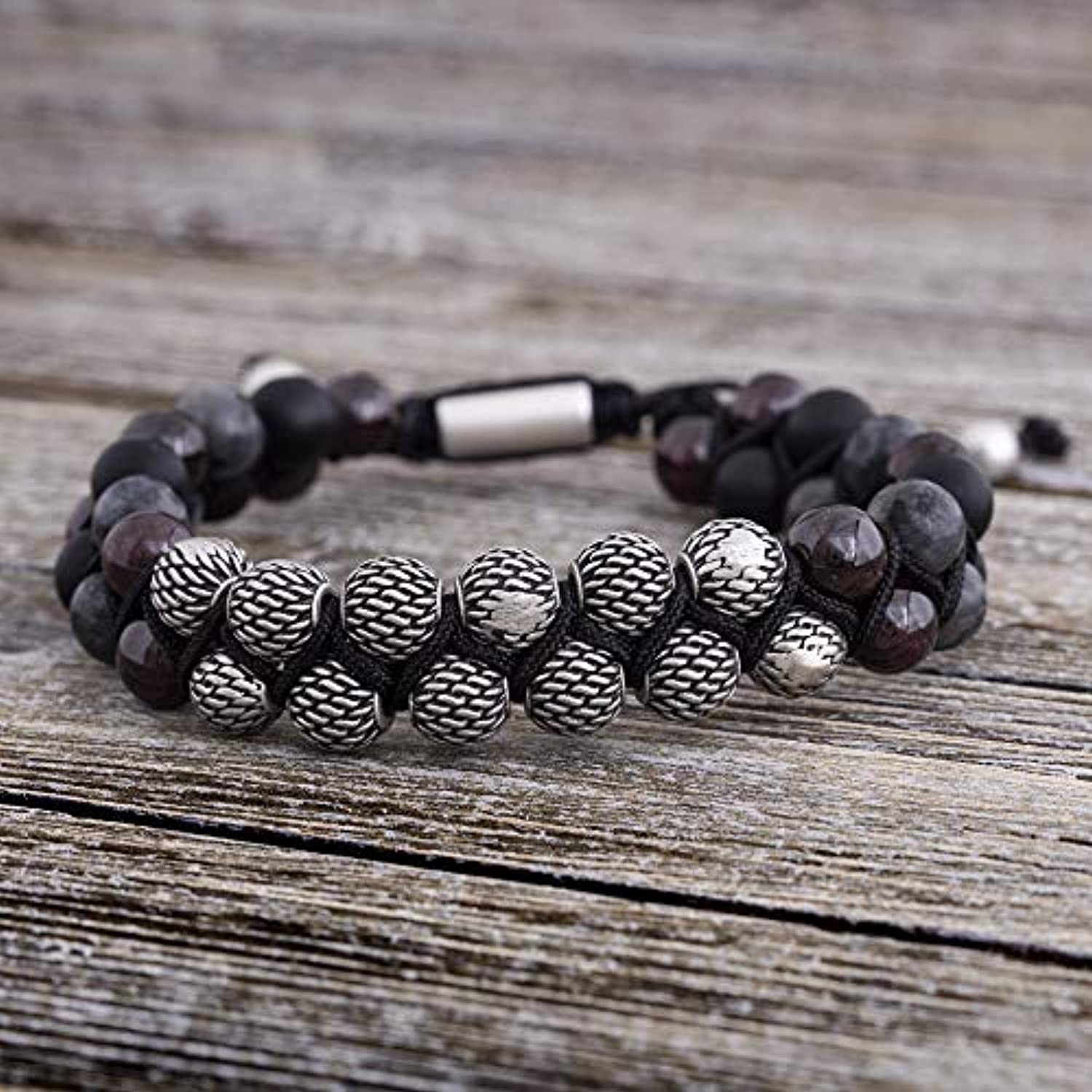 Steve Madden - Pulsera ajustable con cuentas de labradorita y granate rojo para hombre, color plateado