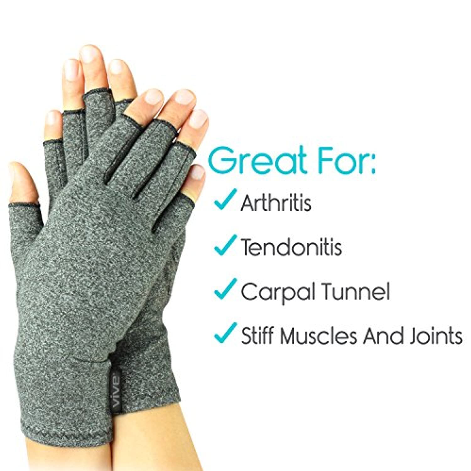 Guantes de compresión para reumatoide y la osteoartritis, guantes para la artritis de VIVE, los guantes para las manos proveen alivio al dolor articular por artrosis, para hombres y mujeres, con dedos libres, L, 2