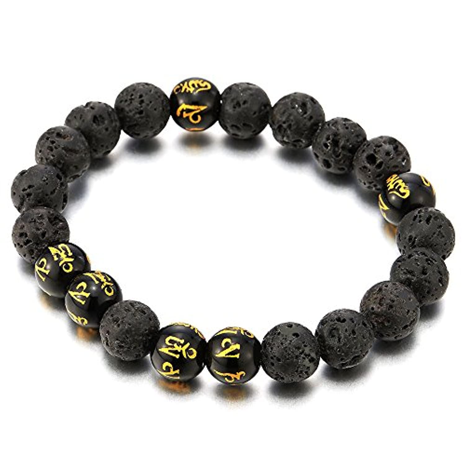 COOLSTEELANDBEYOND Pulsera de cuentas para hombre y mujer de 0.394 in con cuentas tibetanas de piedra volcánica, Mantra Om Mani Padme Hum