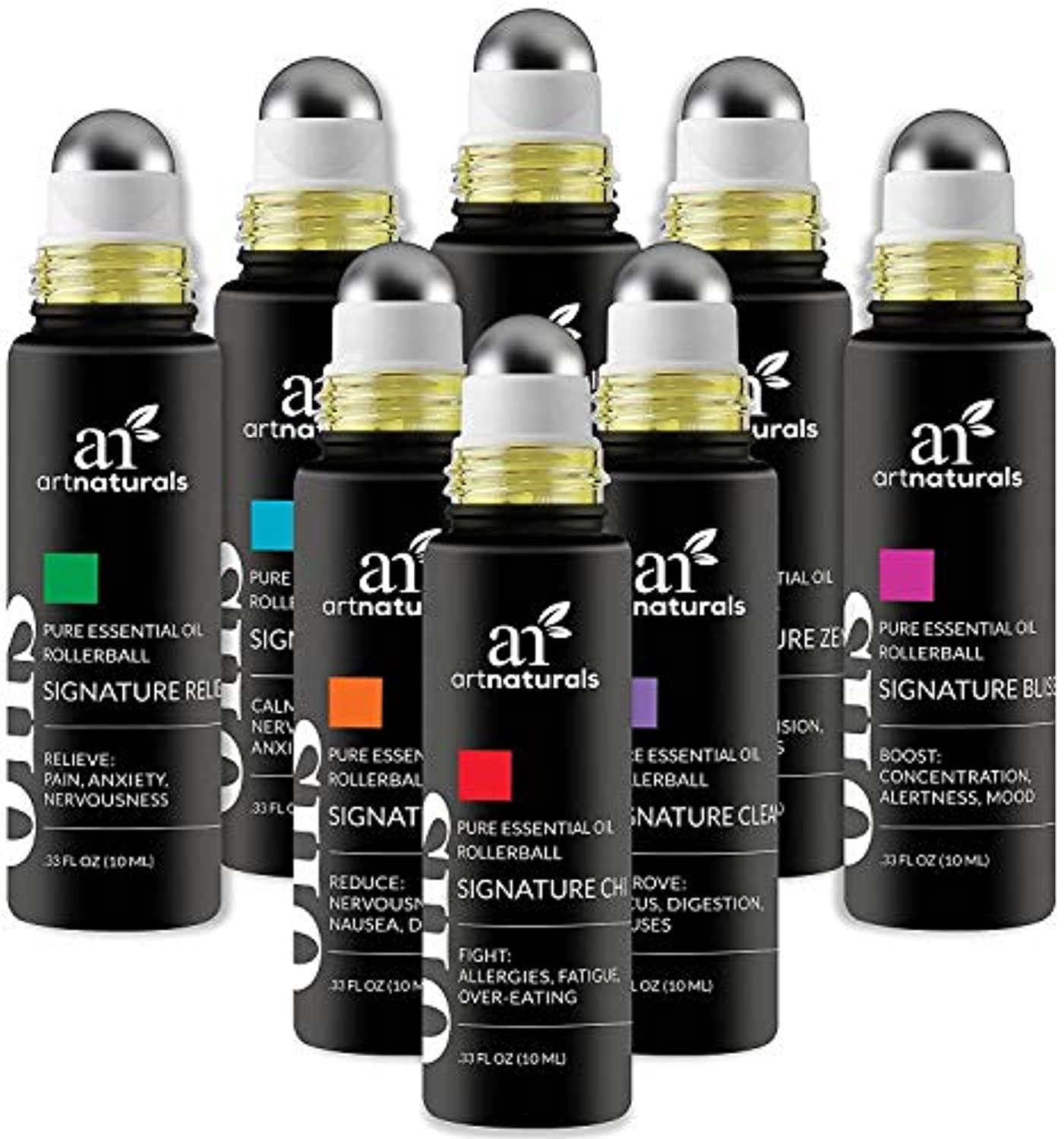 Aceite esencial ArtNaturals Top 8, aromaterapia, rollo de mezcla en 0.35 onzas, conjunto de mezclas que ayudan con el sueño, dolor de cabeza, calma, estados de ánimo y más Mezclado con aceite de jojoba para la nutrición de la piel