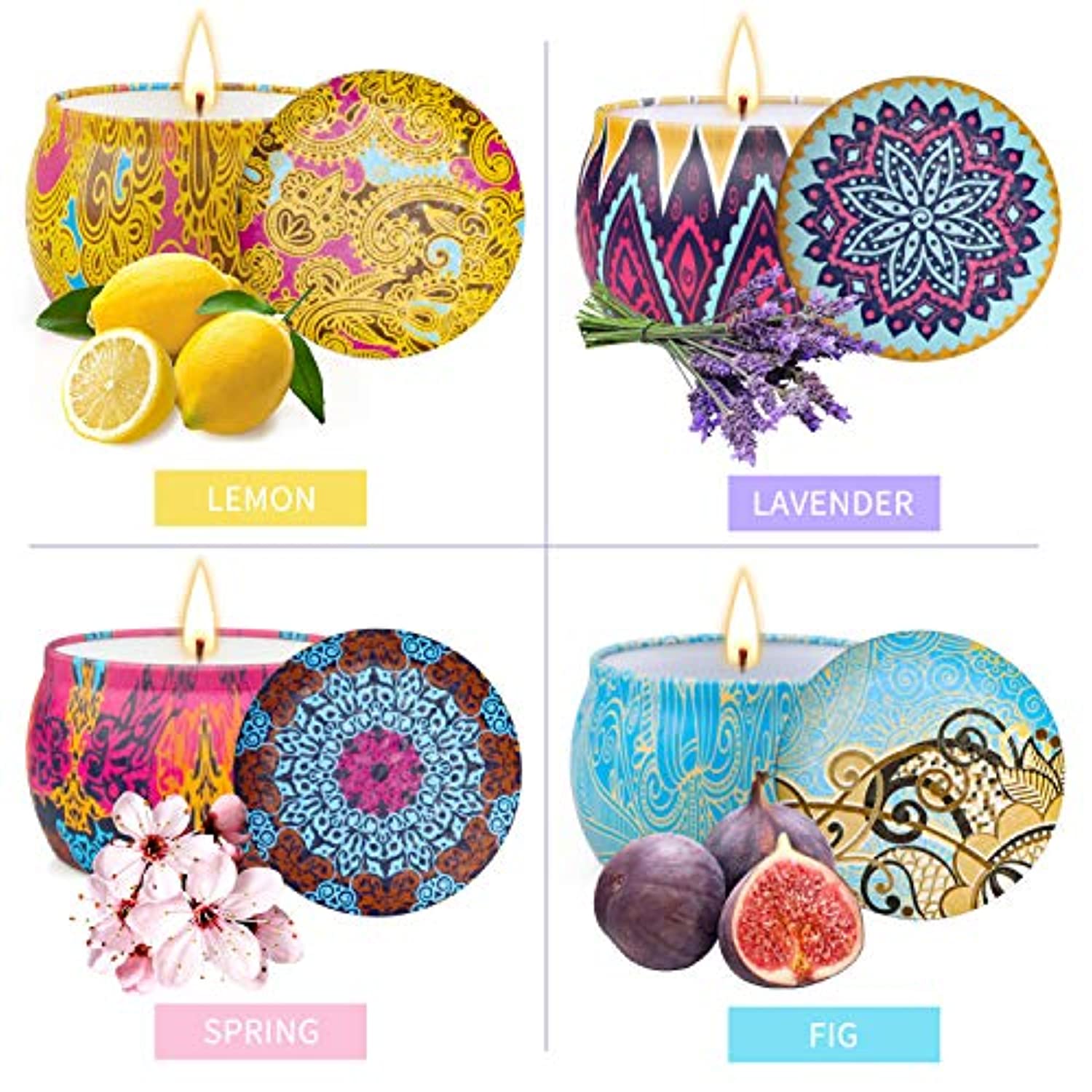 Paquete de 4 velas perfumadas para mujeres, 4.4 onzas de cera de soja portátil de viaje y hogar con aceites esenciales para baño, alivio del estrés, velas de aromaterapia de yoga con fragancia fuerte