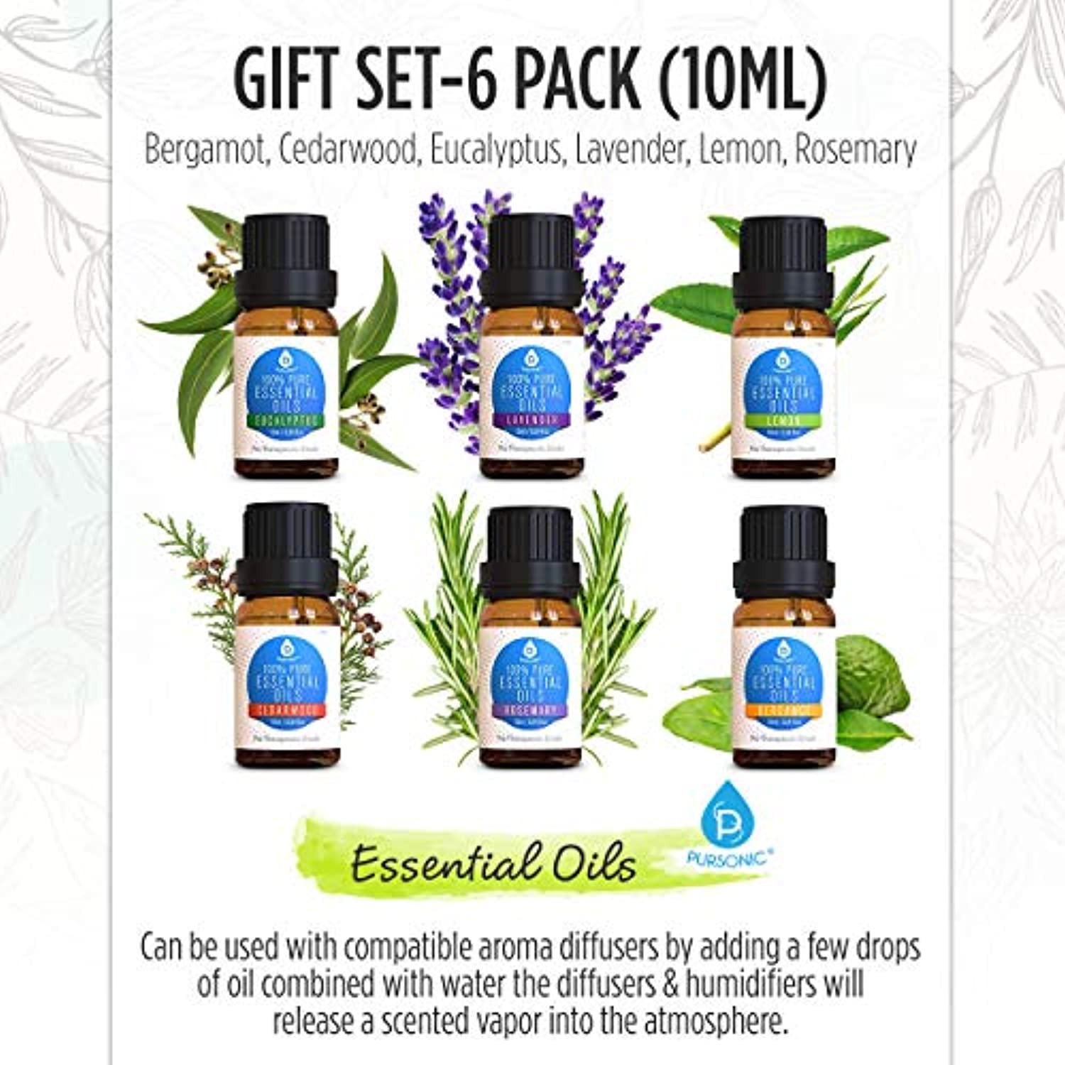 Pursonic 100% Pure Essential Aromatherapy Oils Gift Set-6 Pack , 10ML(Bergamot, Cedarwood, Eucalyptus, Lavender, Lemon, Rosemary.)