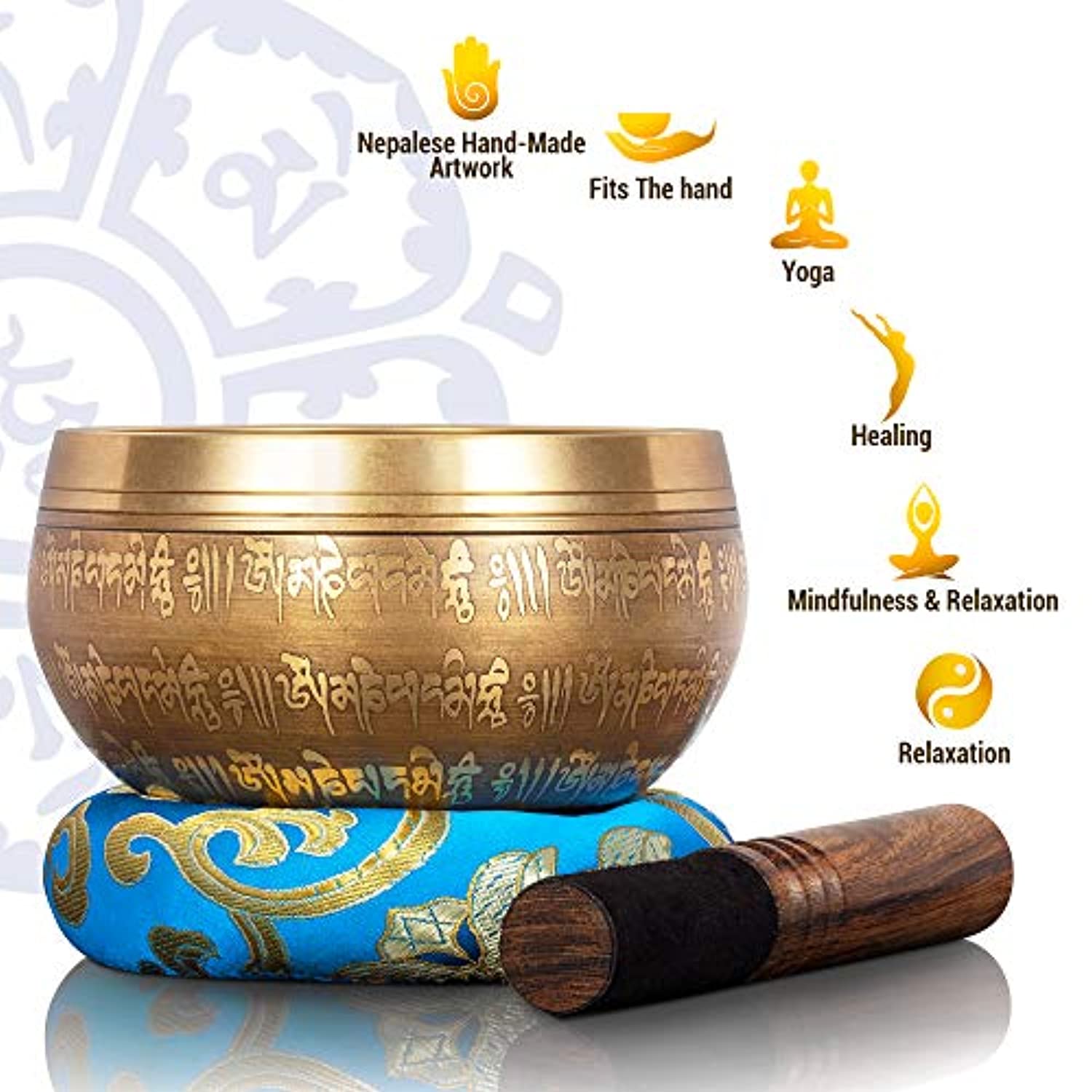 Dhyana House - Juego de cuencos tibetanos con Striker, cojín para meditación, atención plena, curación, yoga, chakra, relajación y música hecha a mano en Nepal, 4 mini diseño de buda