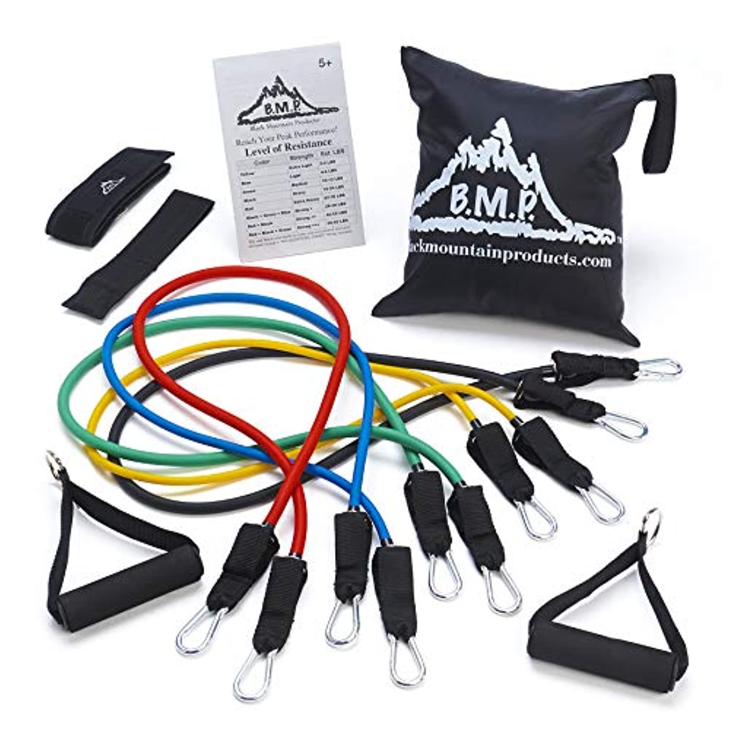 Black Mountain Products, juego de bandas para resistencia con traba para puerta, correa para tobillo, tabla de ejercicios y banda de resistencia.