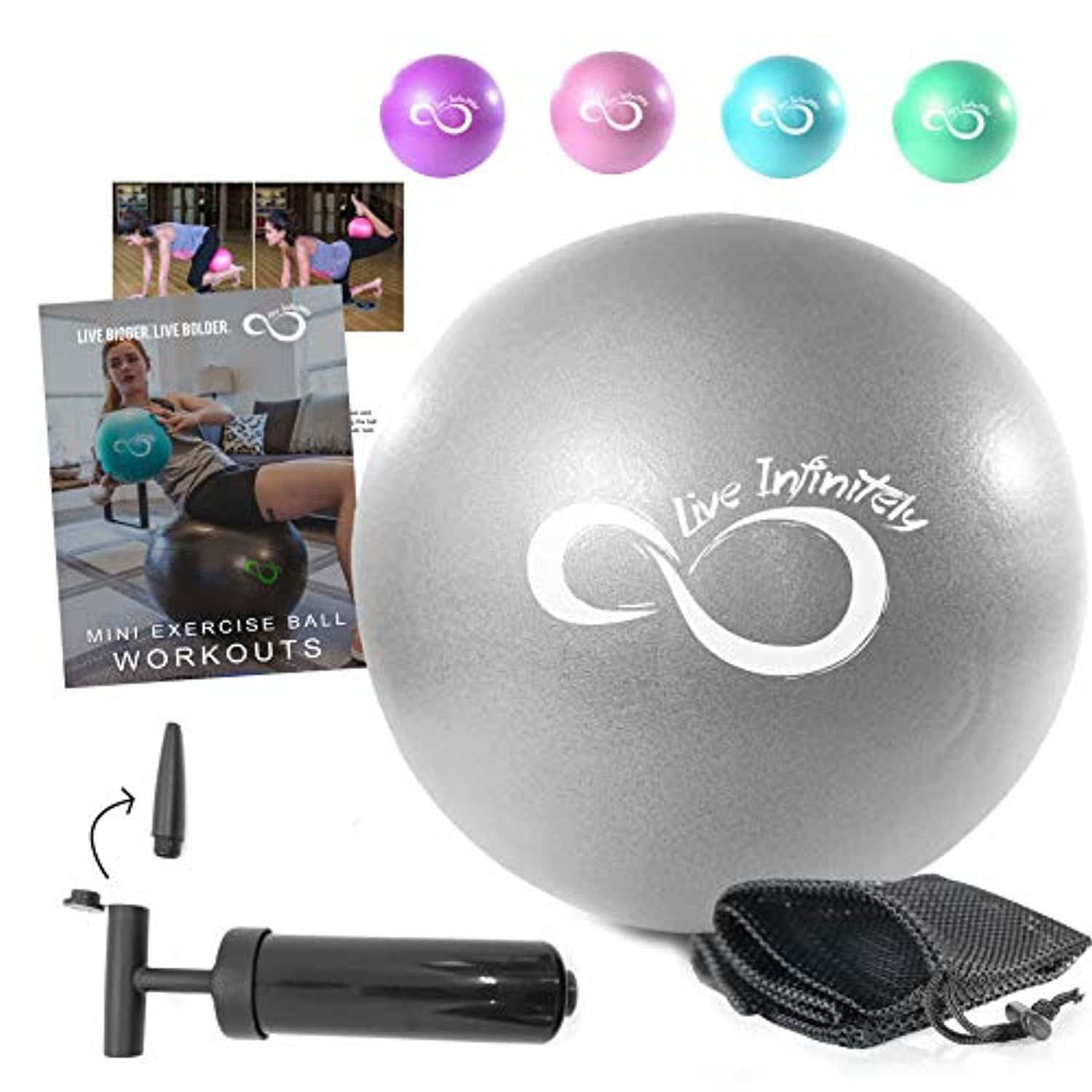 Live Infinitamente 9 pulgadas Barre Pilates bola y bomba de mano – anti ráfaga mini bola y libro electrónico de entrenamiento digital incluido para yoga, ejercicio, equilibrio y entrenamiento de estabilidad, viene con bolsa de transporte de malla
