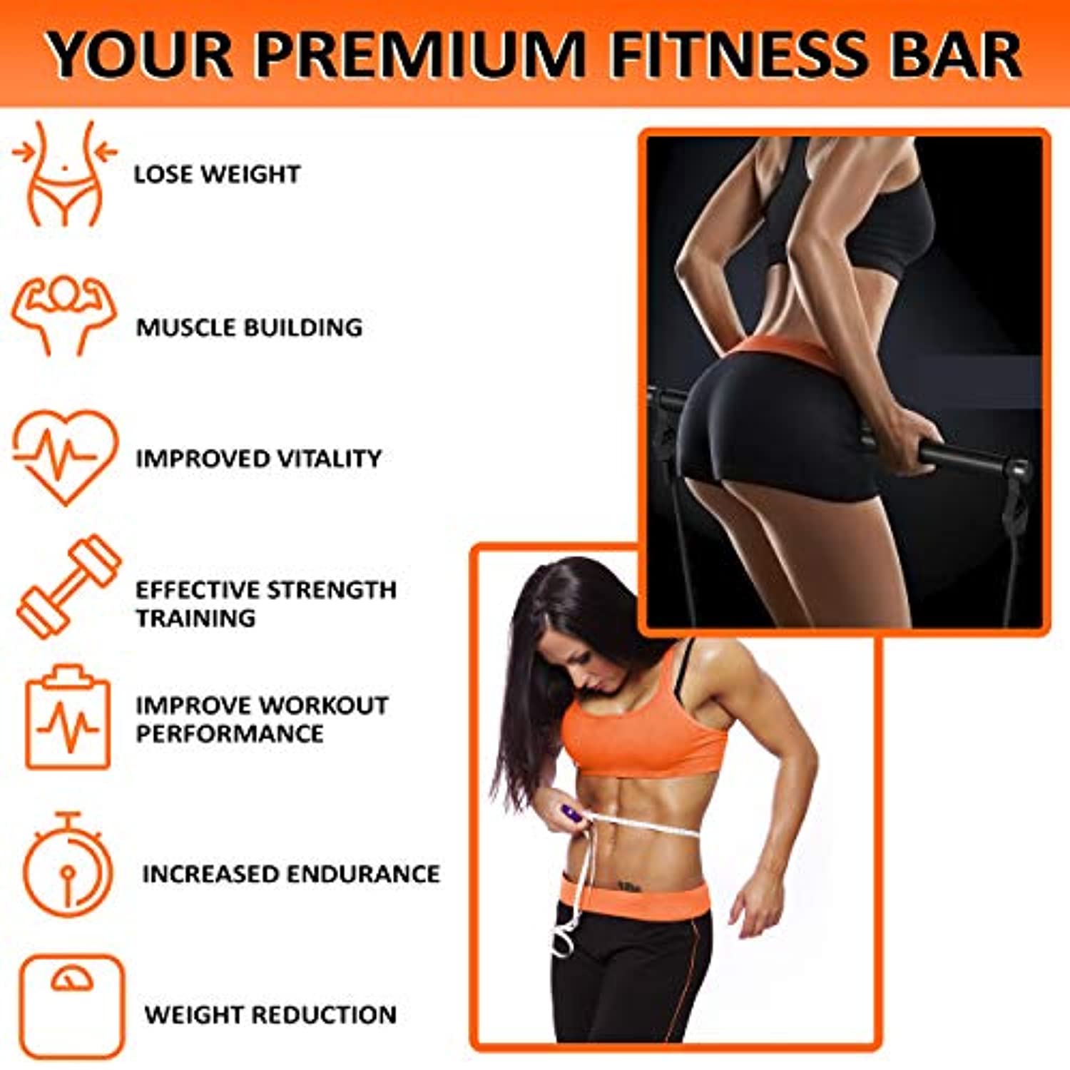 Barra de pilates con 2 juegos de bandas de resistencia (20 libras y 30 libras) con trabillas para los pies, portátil, compacto, 3 secciones de palillo | Total de cuerpo/gimnasio en casa | yoga, fitness, tonificación, estiramiento