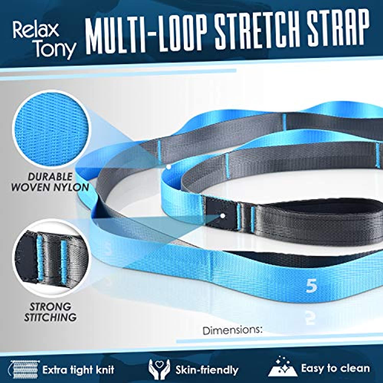 Relax Tony - Correa elástica con trabillas para yoga, terapia física y ejercicios de flexibilidad, no elástica, 12 bucles, incluye guía ilustrada de entrenamiento, Gris