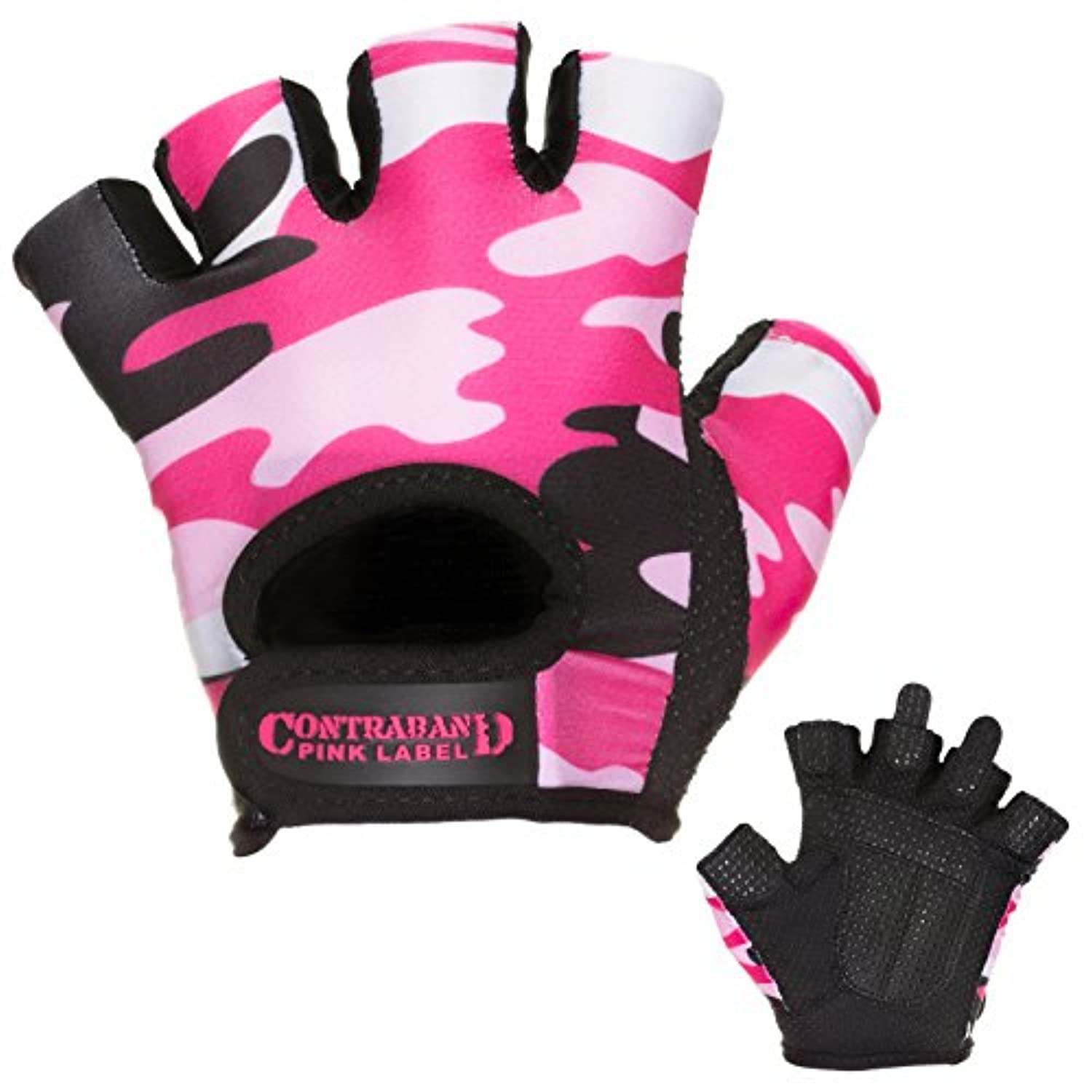 Contraband Pink Label 5217 - Guantes de elevación con estampado de camuflaje para mujer (par) - Ligeros veganos medianos acolchados de microfibra amara cuero con agarre de silicona