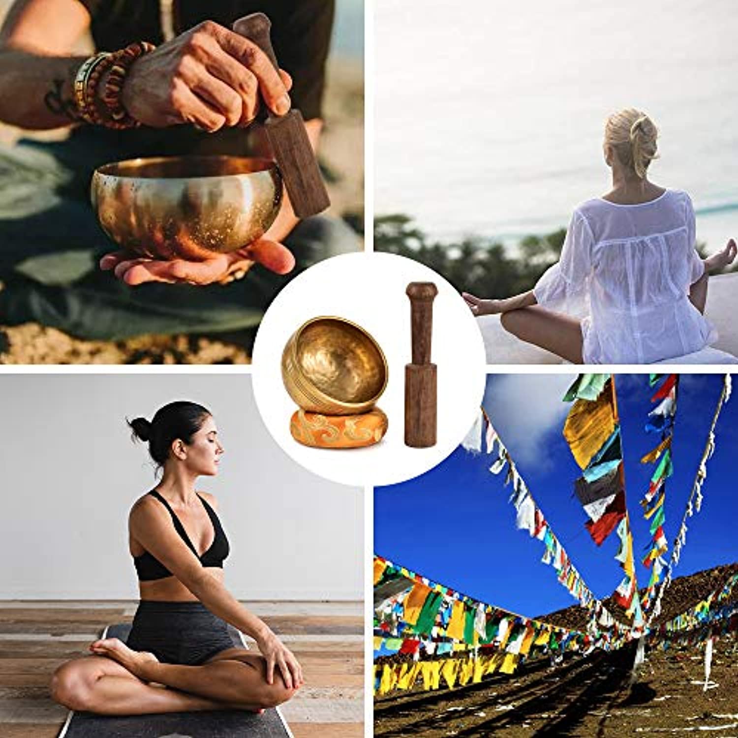 HOKPA - Juego de cuencos tibetanos para meditación, hechos a mano para sala de yoga, sala de estar con bolsa de seda dorada