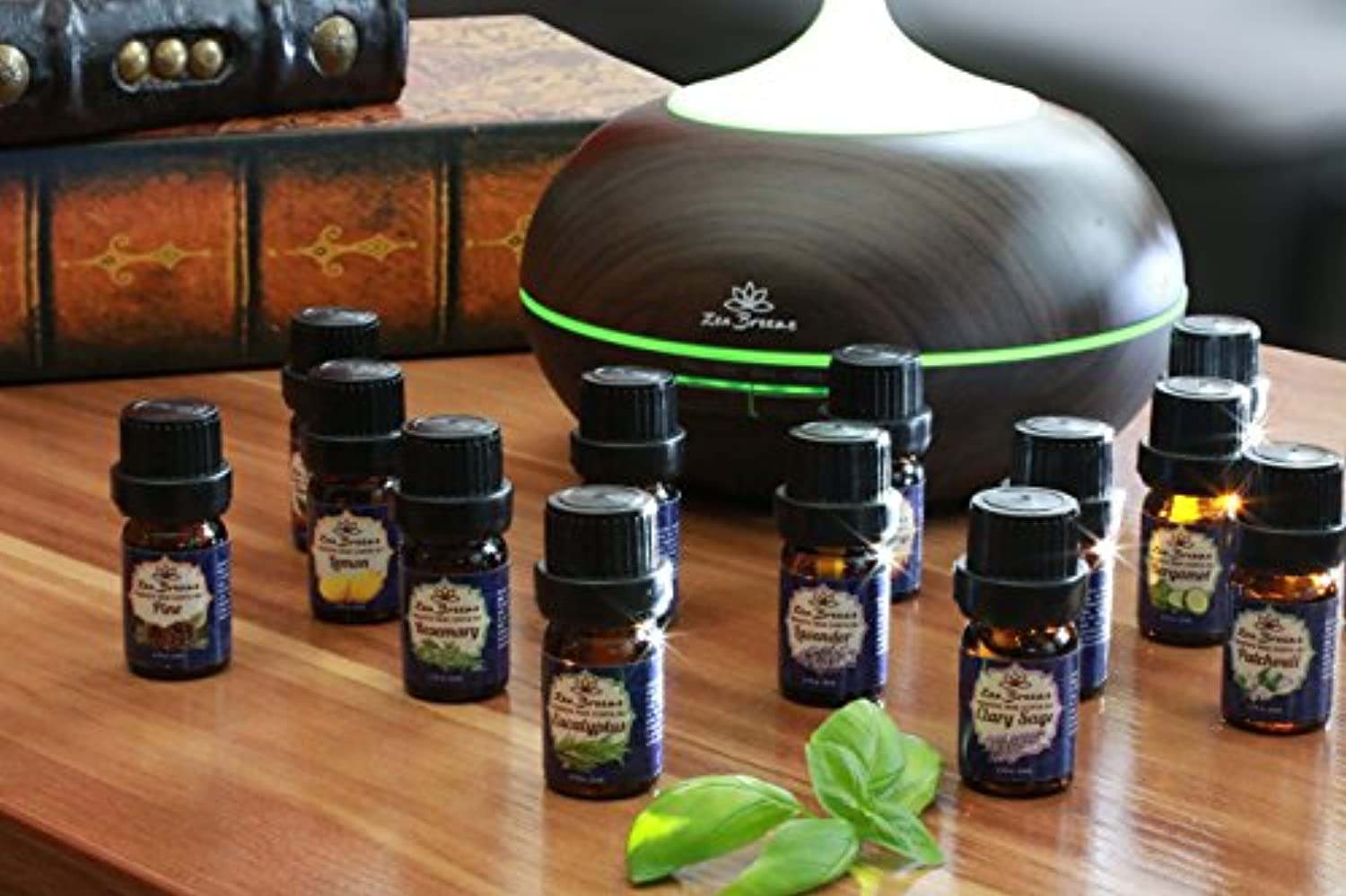 Difusor de aceites esenciales. Los mejores 14 aceites esenciales de aromaterapia. 100% Grado terapéutico puro. Lavanda, eucalipto, limón, menta, naranja dulce, árbol de té, bergamota más ocho más por Zen Breeze.