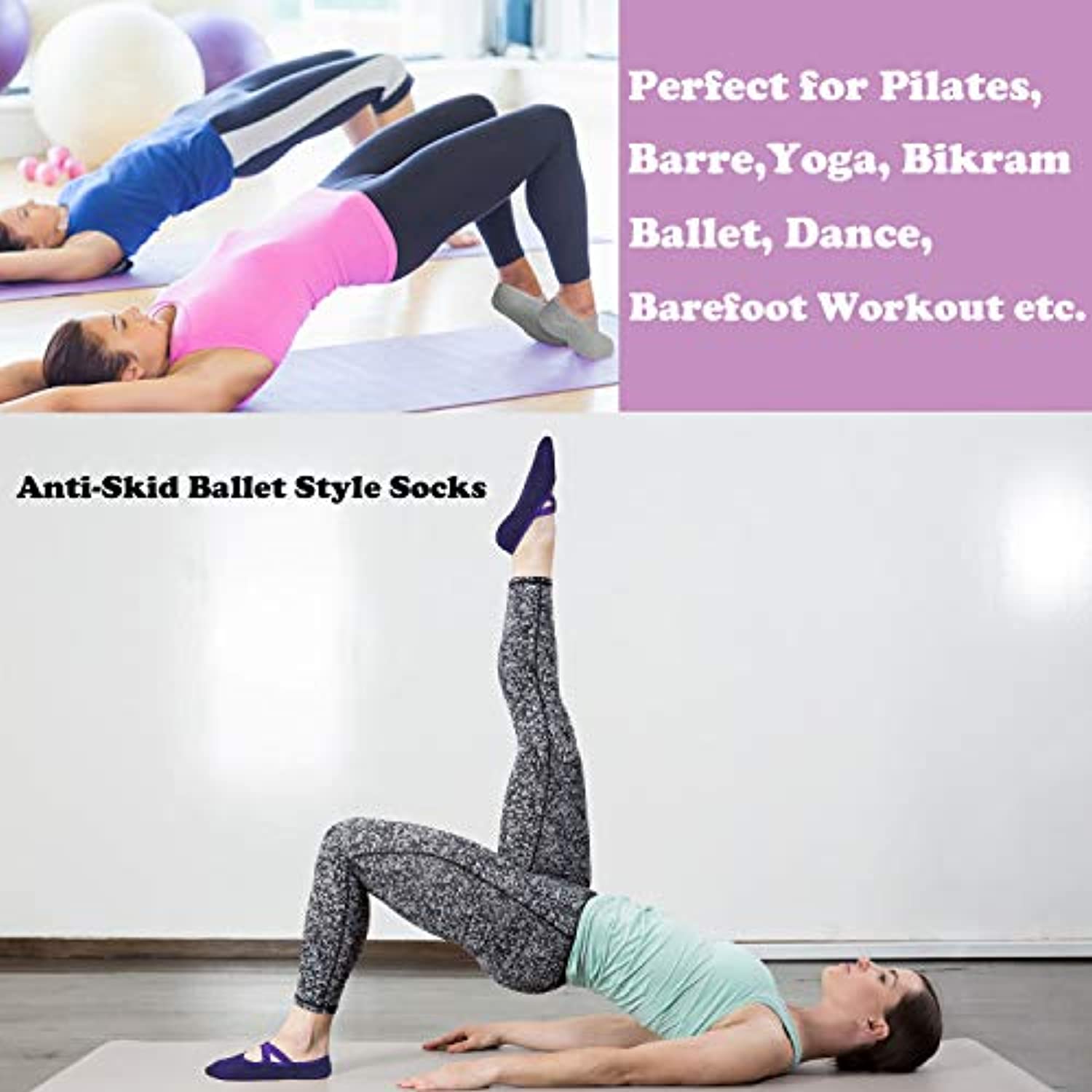 Sticky Pilates Barre Calcetines de yoga – Elutong 4 unidades antideslizantes antideslizantes con puños calcetines de ballet danza para mujer