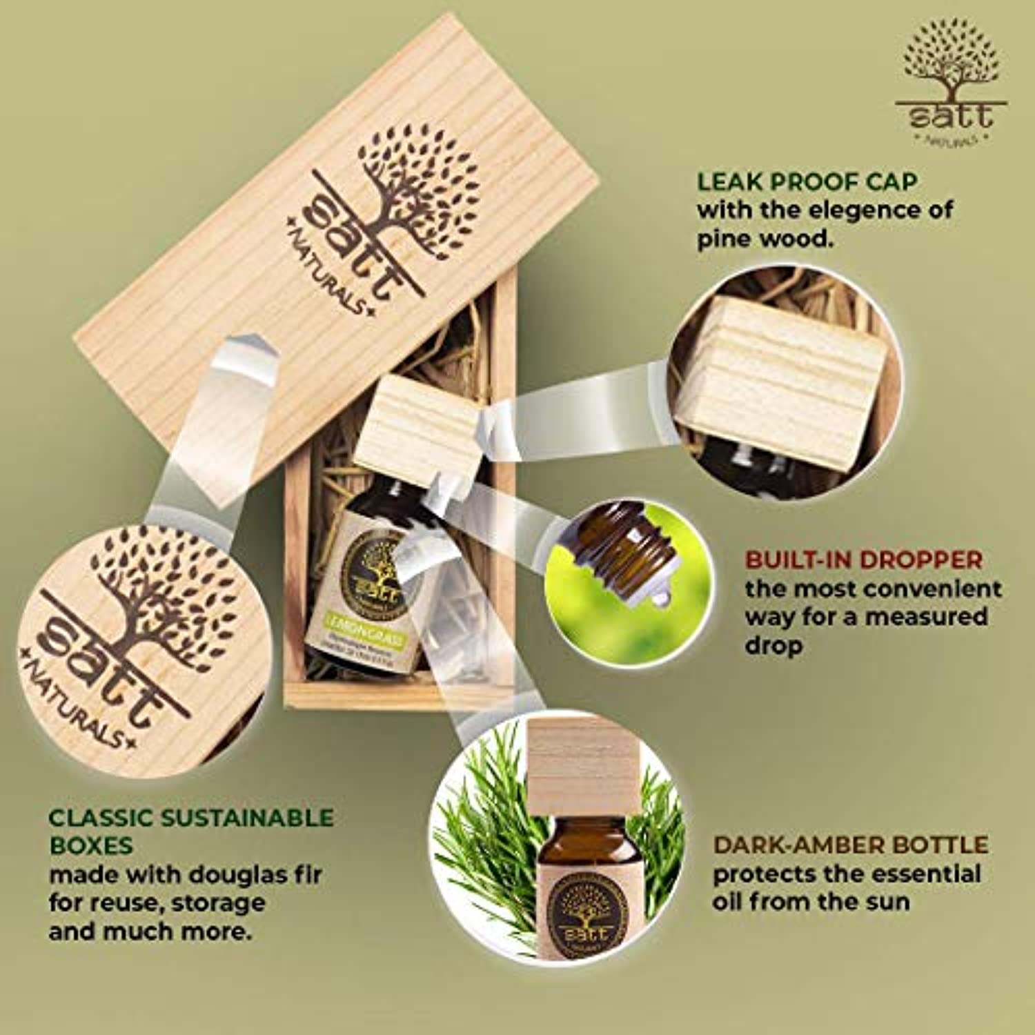 Lemongrass 100% puro aceite esencial de aromaterapia natural 0.5 oz en hermosa caja de madera de pino