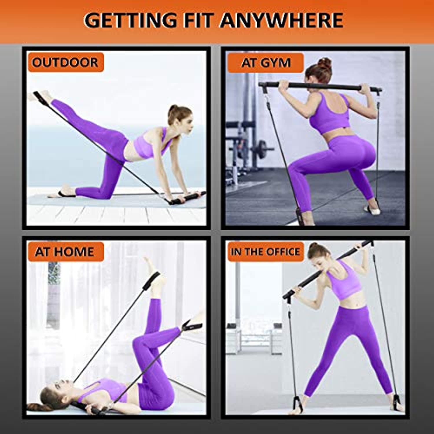 Barra de pilates con 2 juegos de bandas de resistencia (20 libras y 30 libras) con trabillas para los pies, portátil, compacto, 3 secciones de palillo | Total de cuerpo/gimnasio en casa | yoga, fitness, tonificación, estiramiento