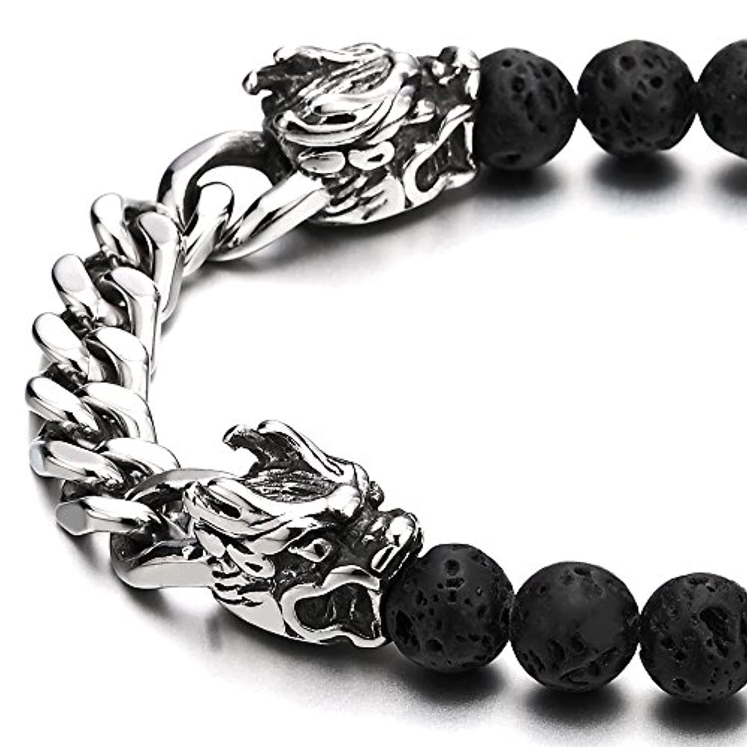 COLSTEELANDBEYOND Cadena de eslabones y 0.315 in de piedra de lava volcánica negra para hombre con cabezas de dragón de acero