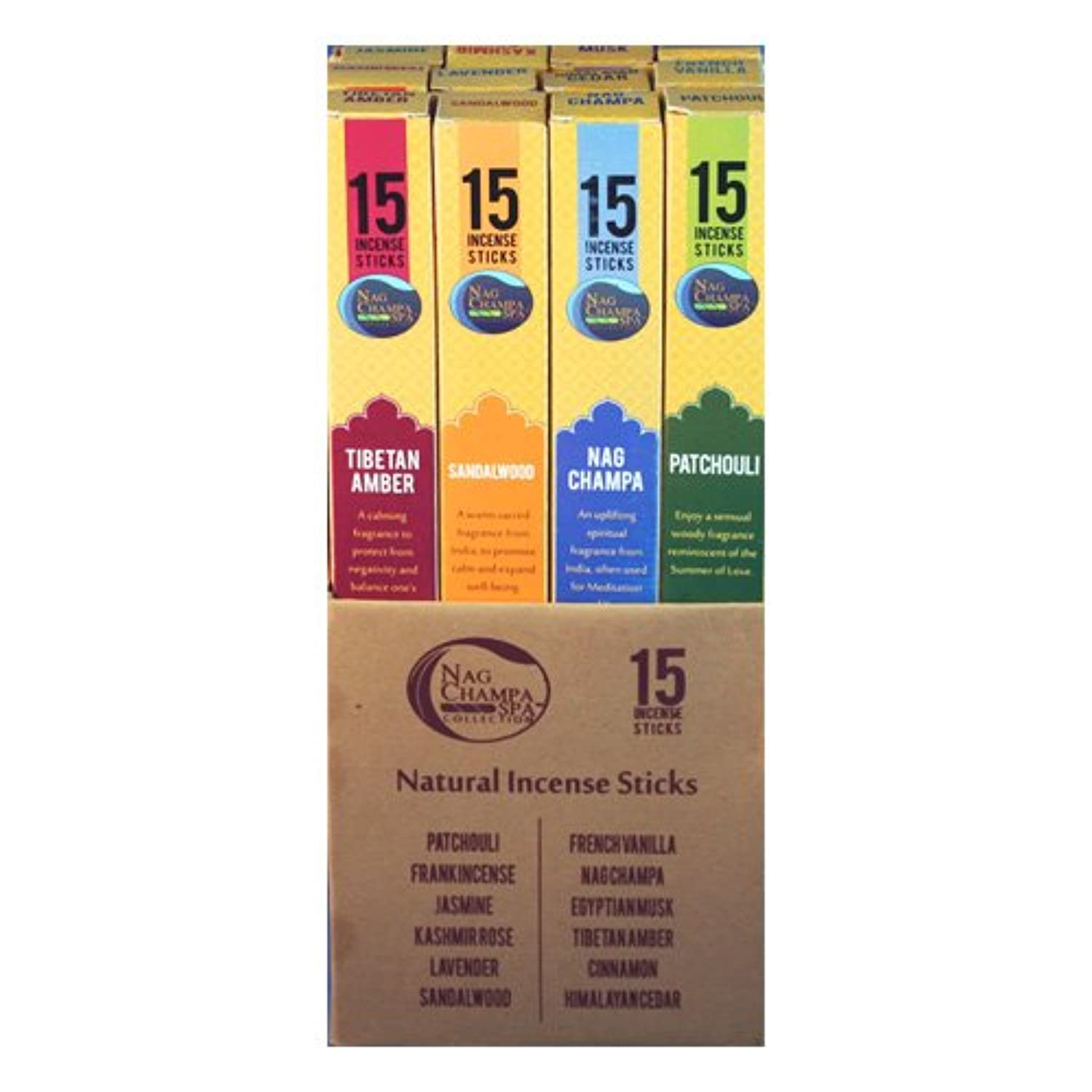 Nag Champa Incienso Popular Fragancias Sampler – 12 cajas de Spa (15 varitas EA), Nag Champa, sándalo, pachuli, lavanda, Jasmine, incienso, cedro del Himalaya, French, vainilla, almizcle egipcio, cachemira Rose & Canela