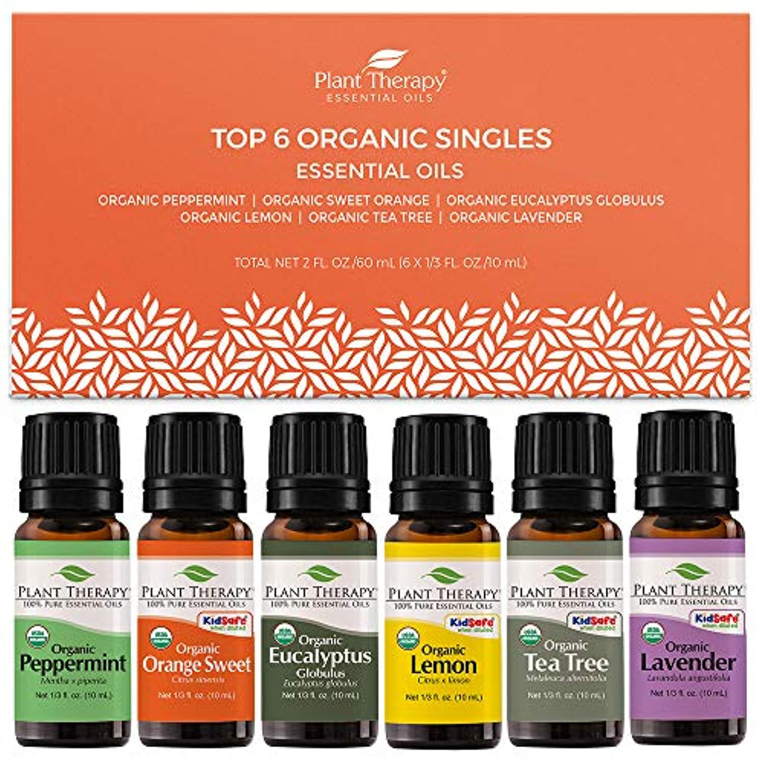 Conjunto de 6 aceites esenciales orgánicos certificados por USDA de Plant Therapy Essential Oils, incluye eucalipto, lavanda, naranja, menta, limón y árbol de té, 1/3 onzas cada uno