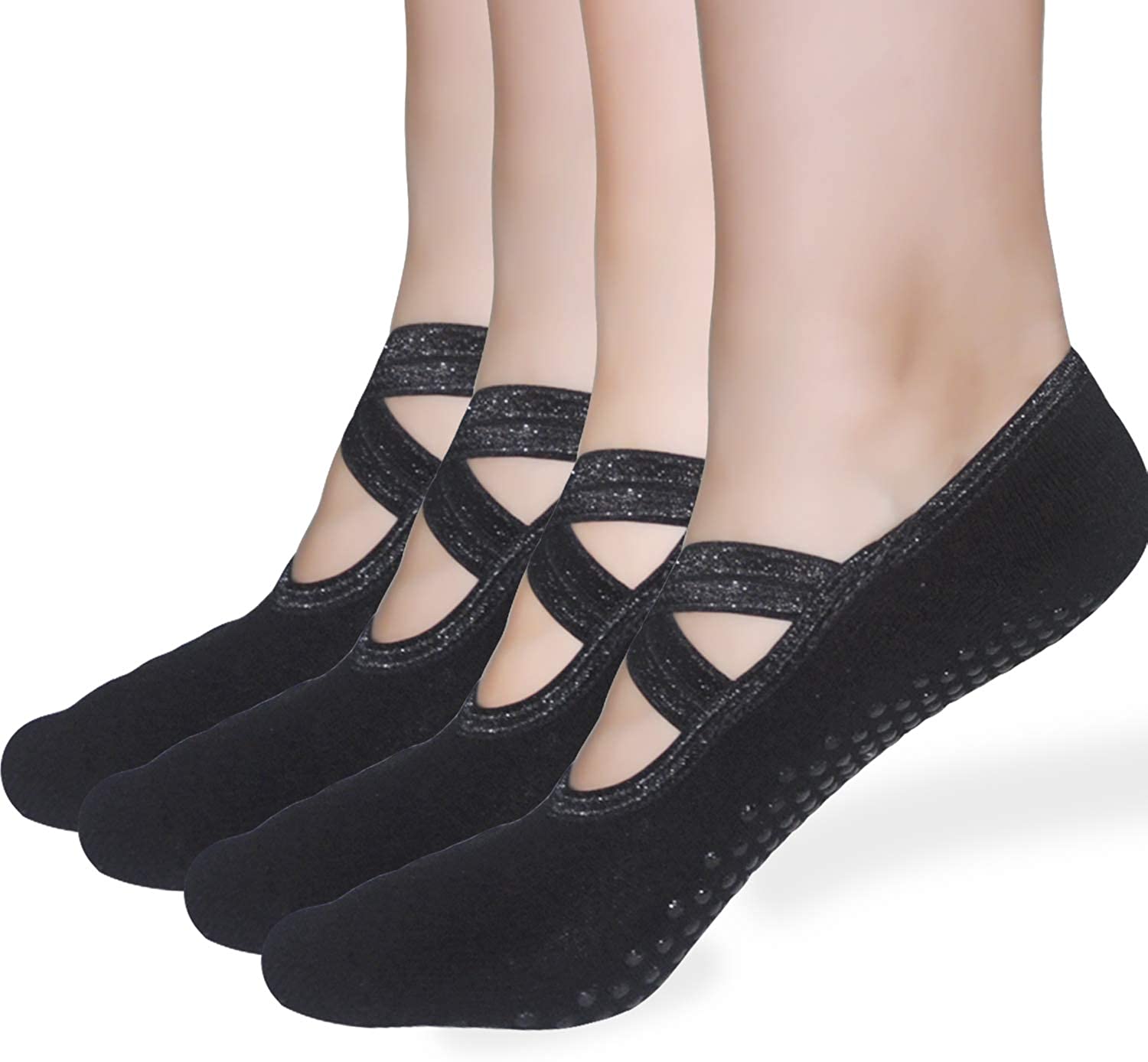 Sticky Pilates Barre Calcetines de yoga – Elutong 4 unidades antideslizantes antideslizantes con puños calcetines de ballet danza para mujer