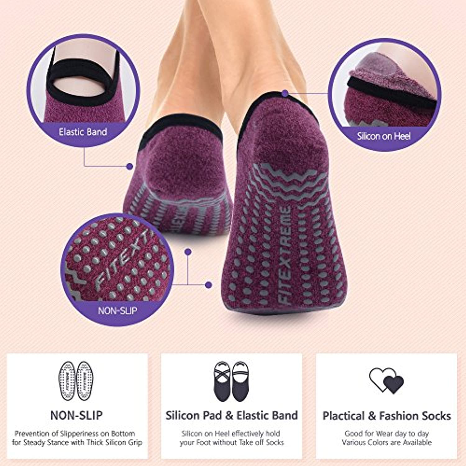 FitExtreme - Calcetines de yoga y pilates para mujer, 3 a 5 pares, antideslizantes, agarre grueso
