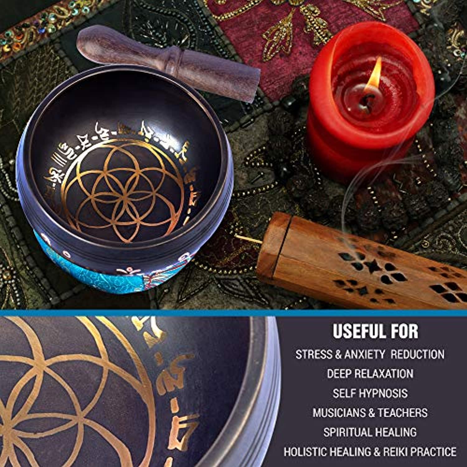 Set de cuenco tibetano – bonito y pequeño auténtico hecho a mano para meditación con sonido y sanación holística por Himalayan Bazaar