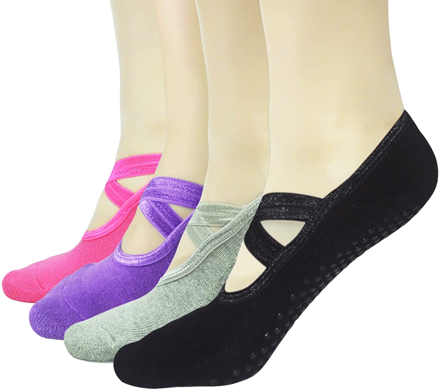 Sticky Pilates Barre Calcetines de yoga – Elutong 4 unidades antideslizantes antideslizantes con puños calcetines de ballet danza para mujer