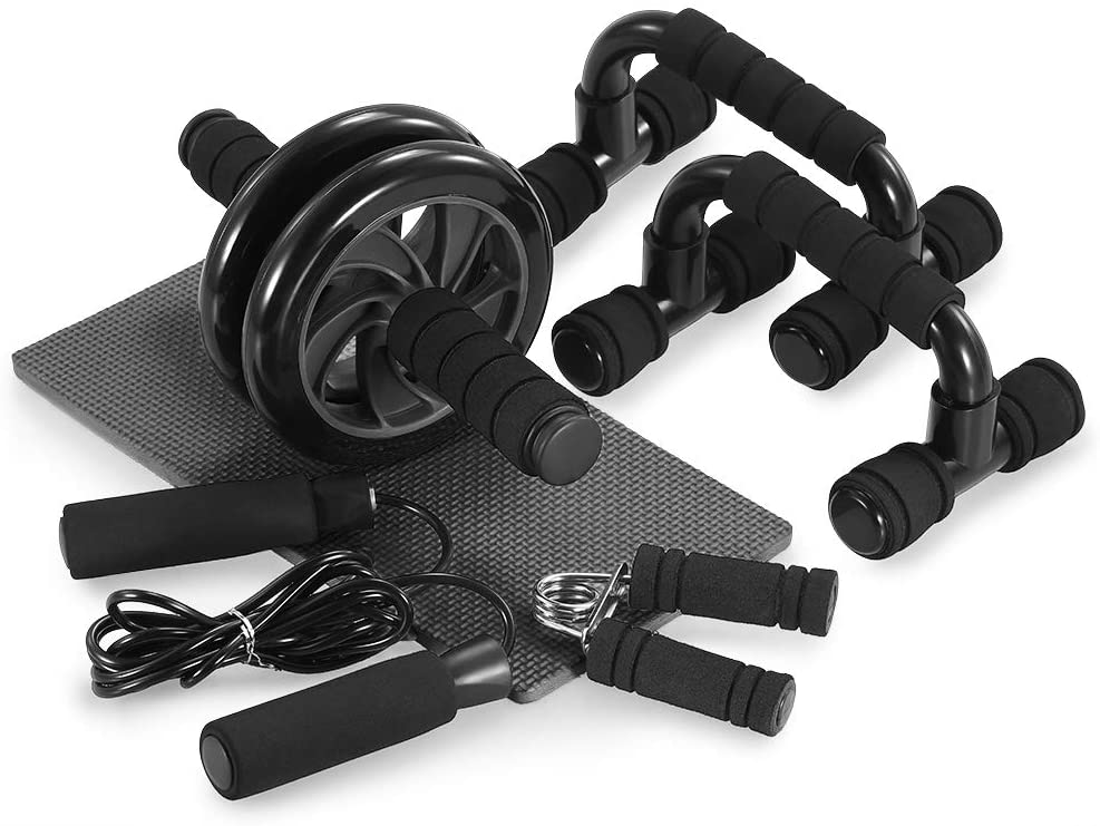 TOMSHOO - Kit 5 en 1 de rueda para abdominales con barra para flexiones, cuerda de saltar, pinzas para mano y almohadilla para rodillas, para gimnasio y entrenamiento en casa
