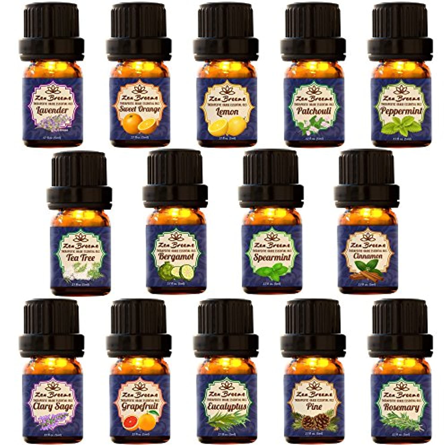 Difusor de aceites esenciales. Los mejores 14 aceites esenciales de aromaterapia. 100% Grado terapéutico puro. Lavanda, eucalipto, limón, menta, naranja dulce, árbol de té, bergamota más ocho más por Zen Breeze.