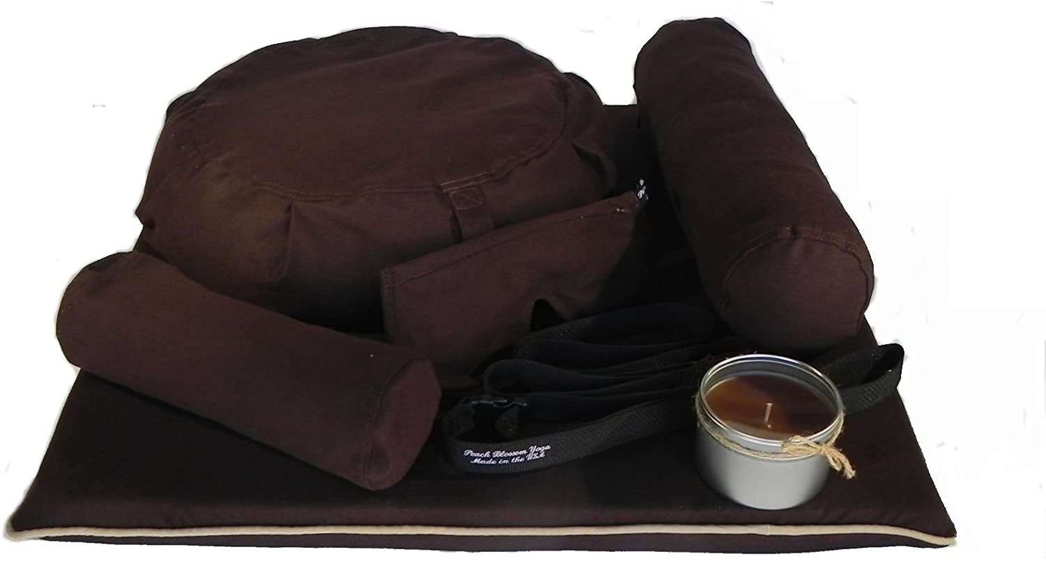 Set de 7 piezas de yoga restaurativo – Zafu almohada de meditación, cojín de zabuton, almohada de ojo, refuerzo de cuello, respaldo trasero, vela de soja y correa