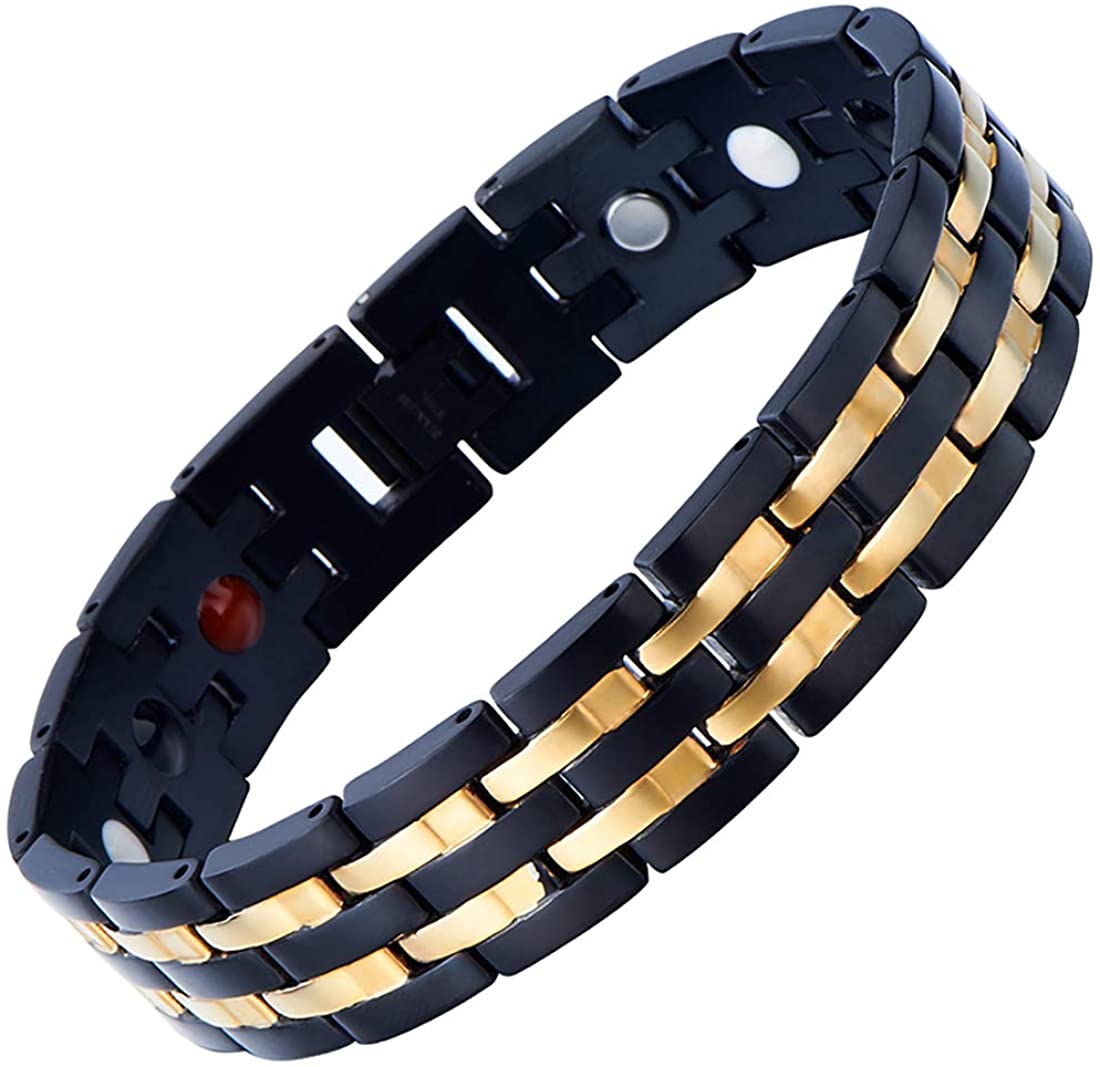Exquisito brazalete magnético de acero inoxidable para hombre, oro negro, con imanes y herramienta de desengarce gratuita
