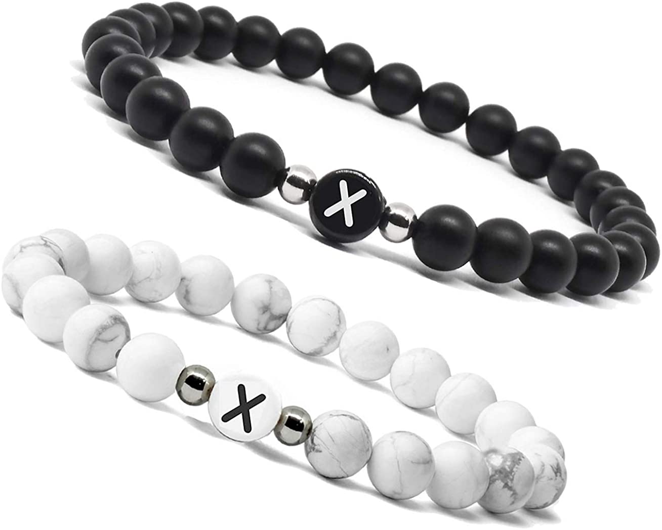 FIBO STEEL - Juego de 2 pulseras de cuentas iniciales para hombres y mujeres, pareja personalizada, novios, novias, regalos y pulseras elásticas