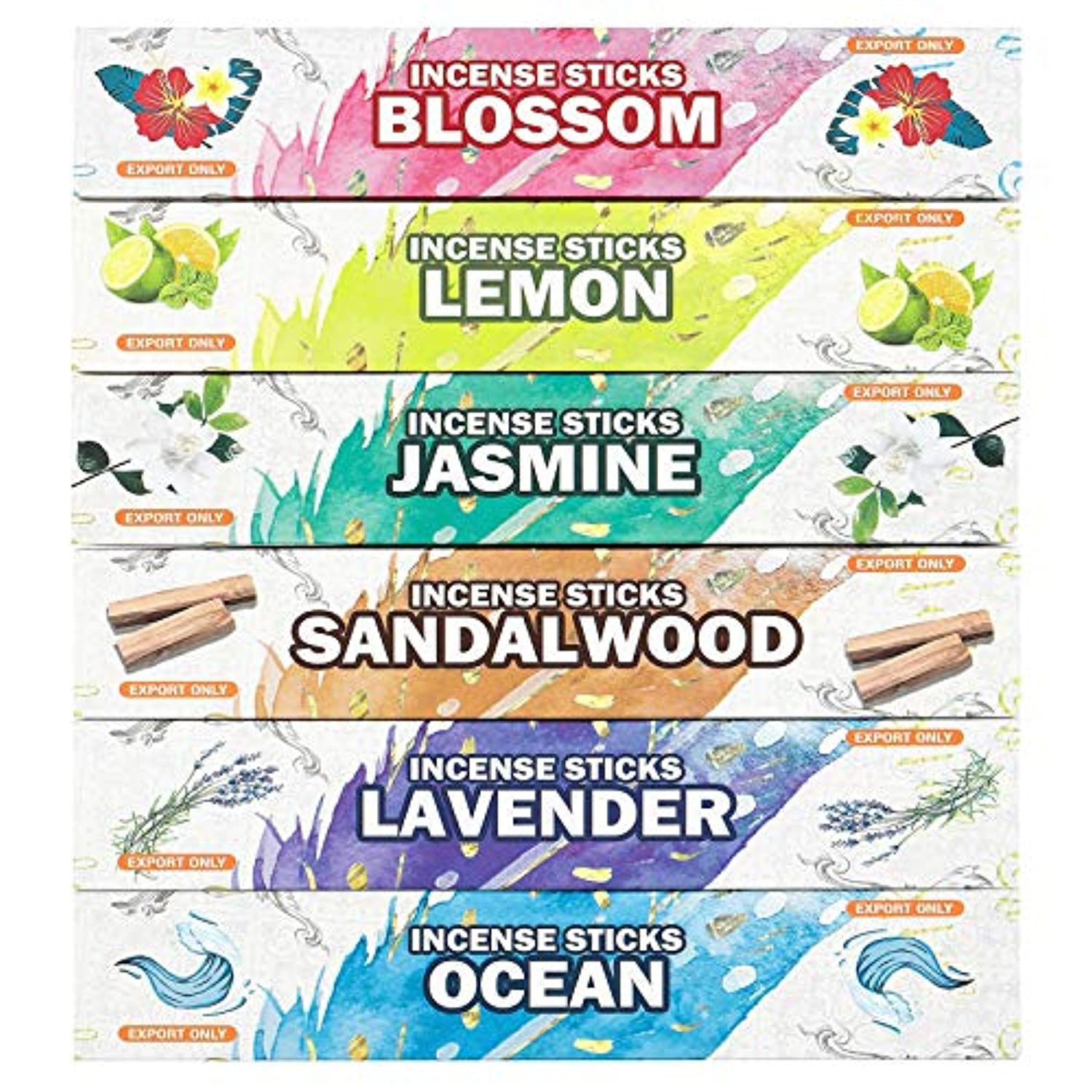 Varillas de incienso de alta calidad, paquete variado de sándalo, jazmín, limón, océano, flor, lavanda para meditación, purificación, yoga, relajación, magia, oración y rituales, 120 varillas