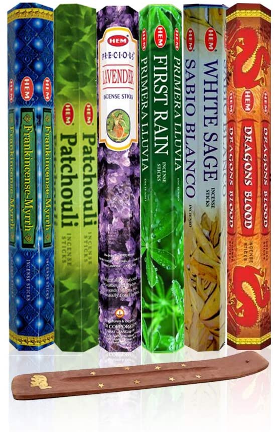 Seis aromas de incienso más populares, 120 varillas en total, con quemador gratis, 20 varillas cada uno de limoncillo, lavanda, jazmín egipcio, sándalo ambar, opio, eucalipto.