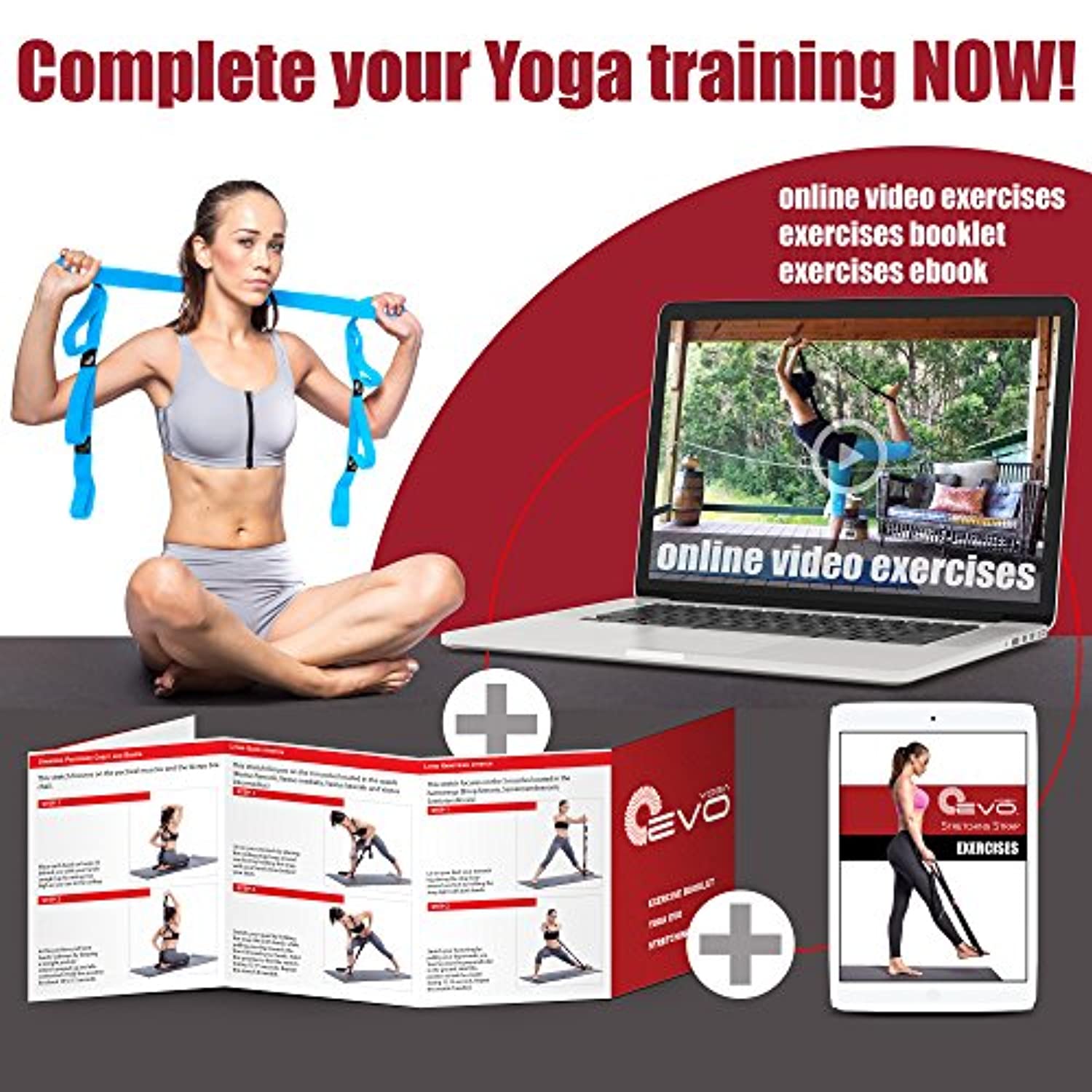 Correa de yoga EVO para estirar con 10 bucles, elástica o no elástica, tela suave | fuerte resistencia | viene con libro electrónico de ejercicios y tutoriales en vídeo en línea