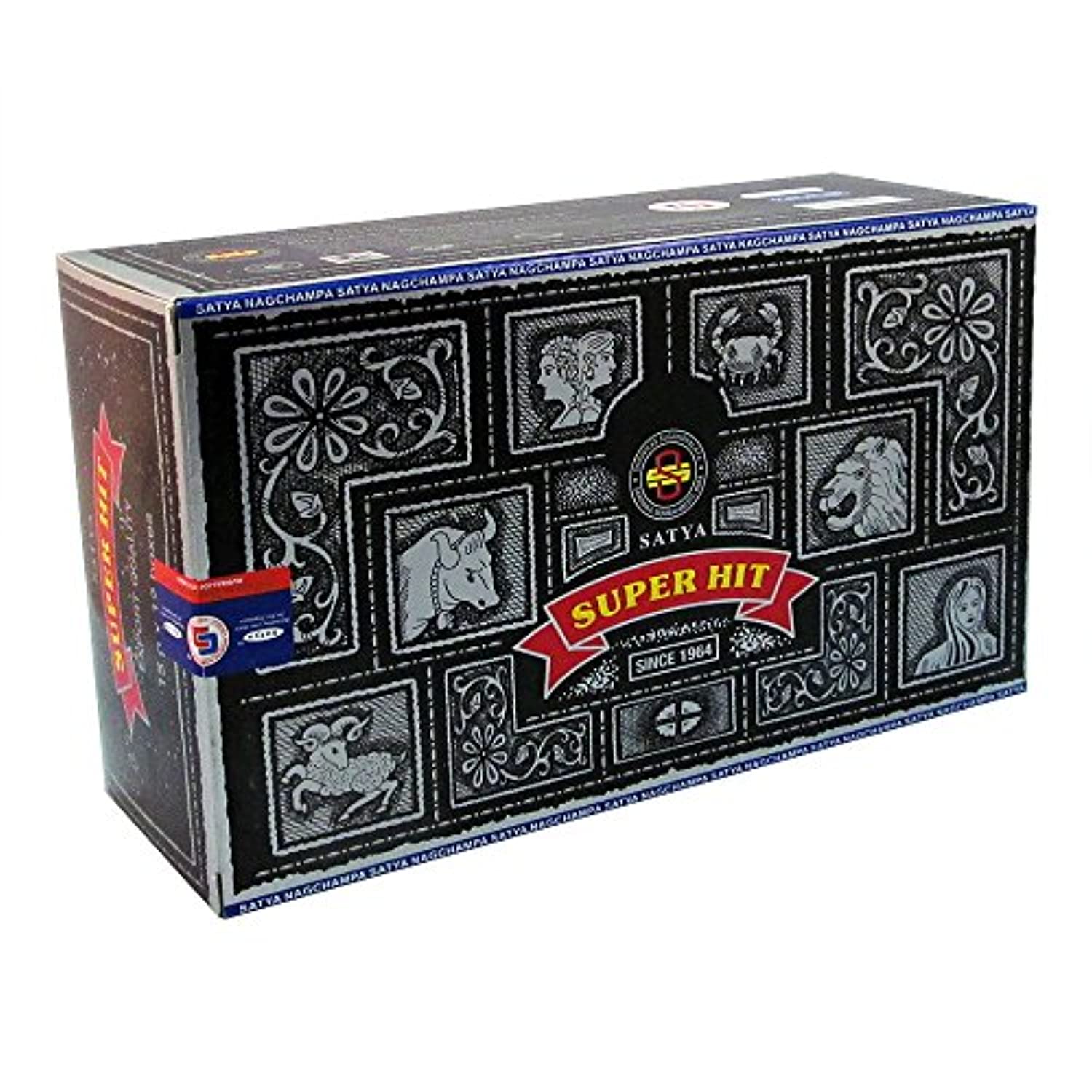 Satya Super Hit - Varillas de incienso (12 unidades, 0.53 oz, con soporte para incienso Trumiri)