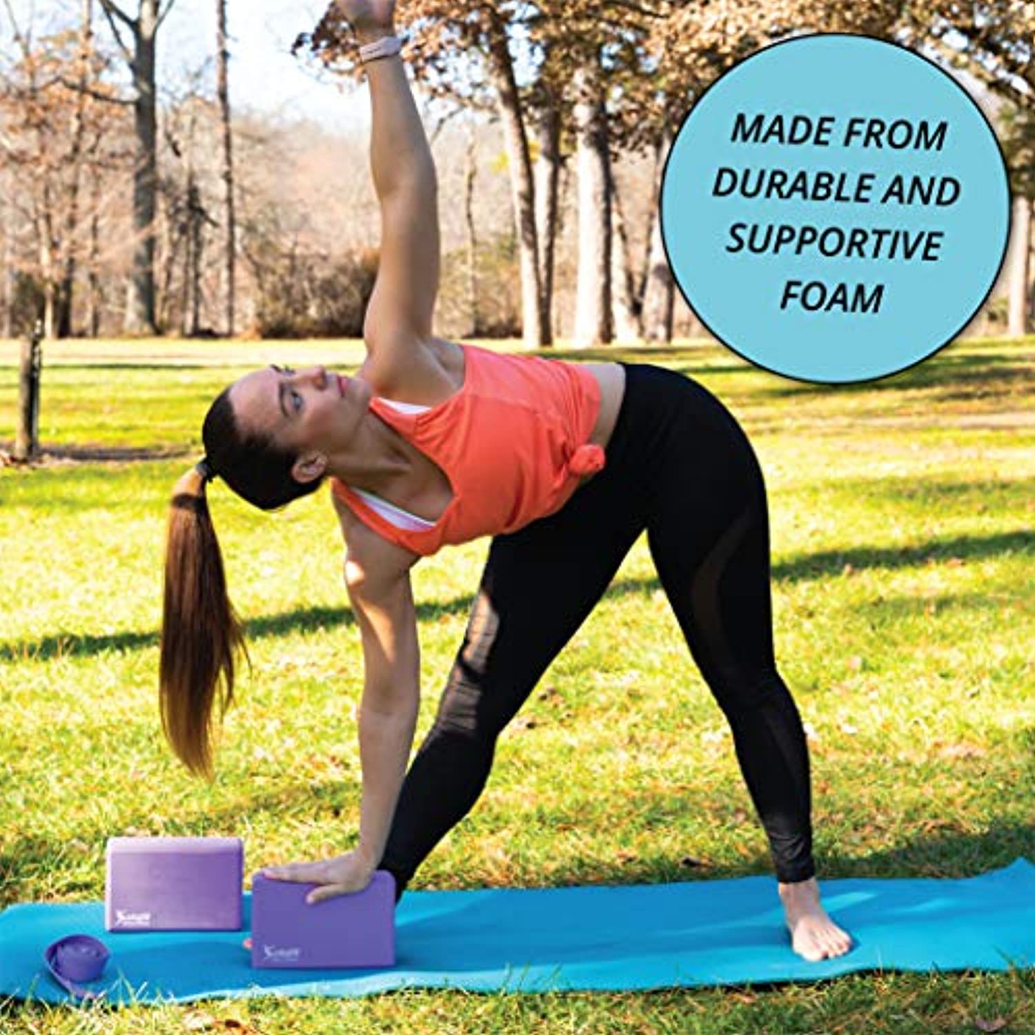 Solofit Bloques de yoga (2) con correa de yoga de 5.9 ft – Bloques de espuma EVA de alta densidad para estiramiento, equilibrio, pilates, bailarines, flexibilidad, mejora la fuerza, ayuda a la flexibilidad y apoyo profundas poses