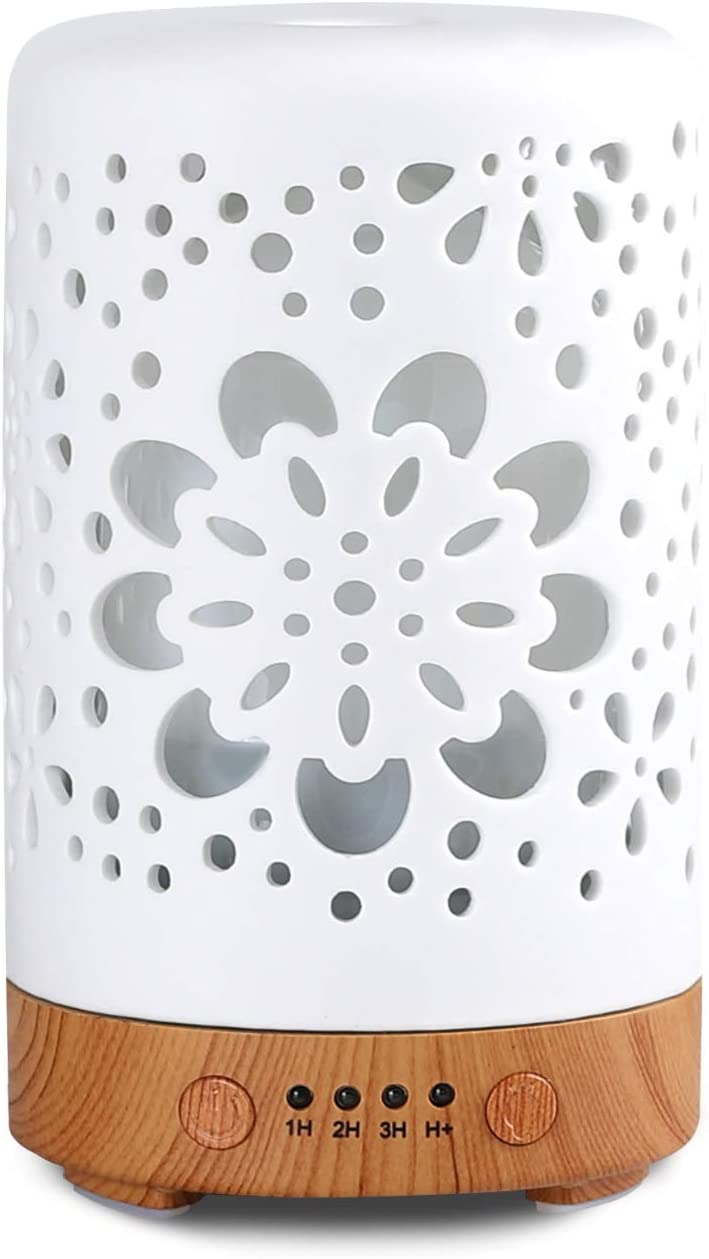 Difusor de aceite esencial de MEDELIKE, difusor de cerámica blanco de 3.4 fl oz, difusor de aromaterapia con 4 temporizadores, humidificador de niebla de cerámica fría con protección de apagado automático sin agua (chispa)